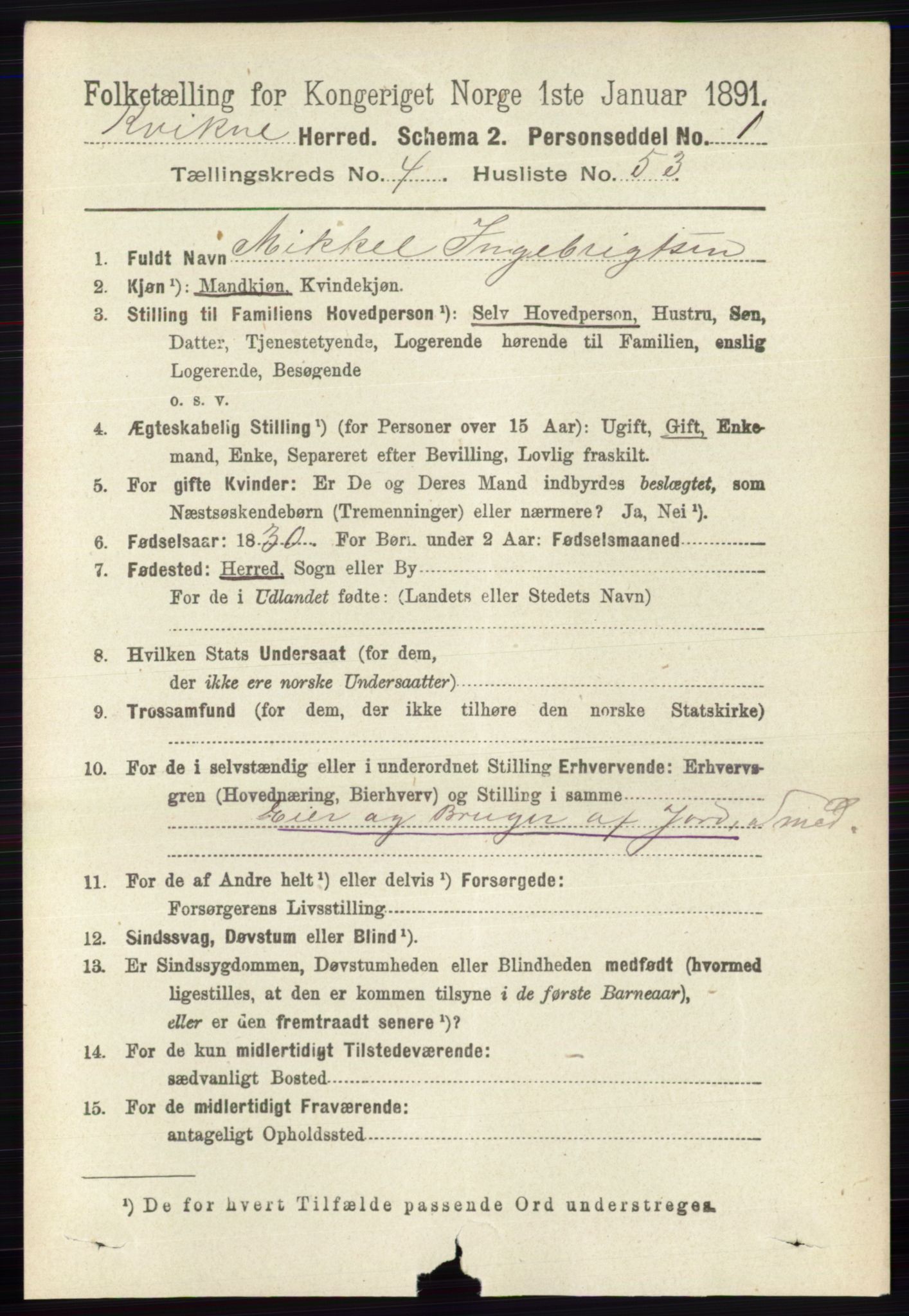 RA, 1891 census for 0440 Kvikne, 1891, p. 1282