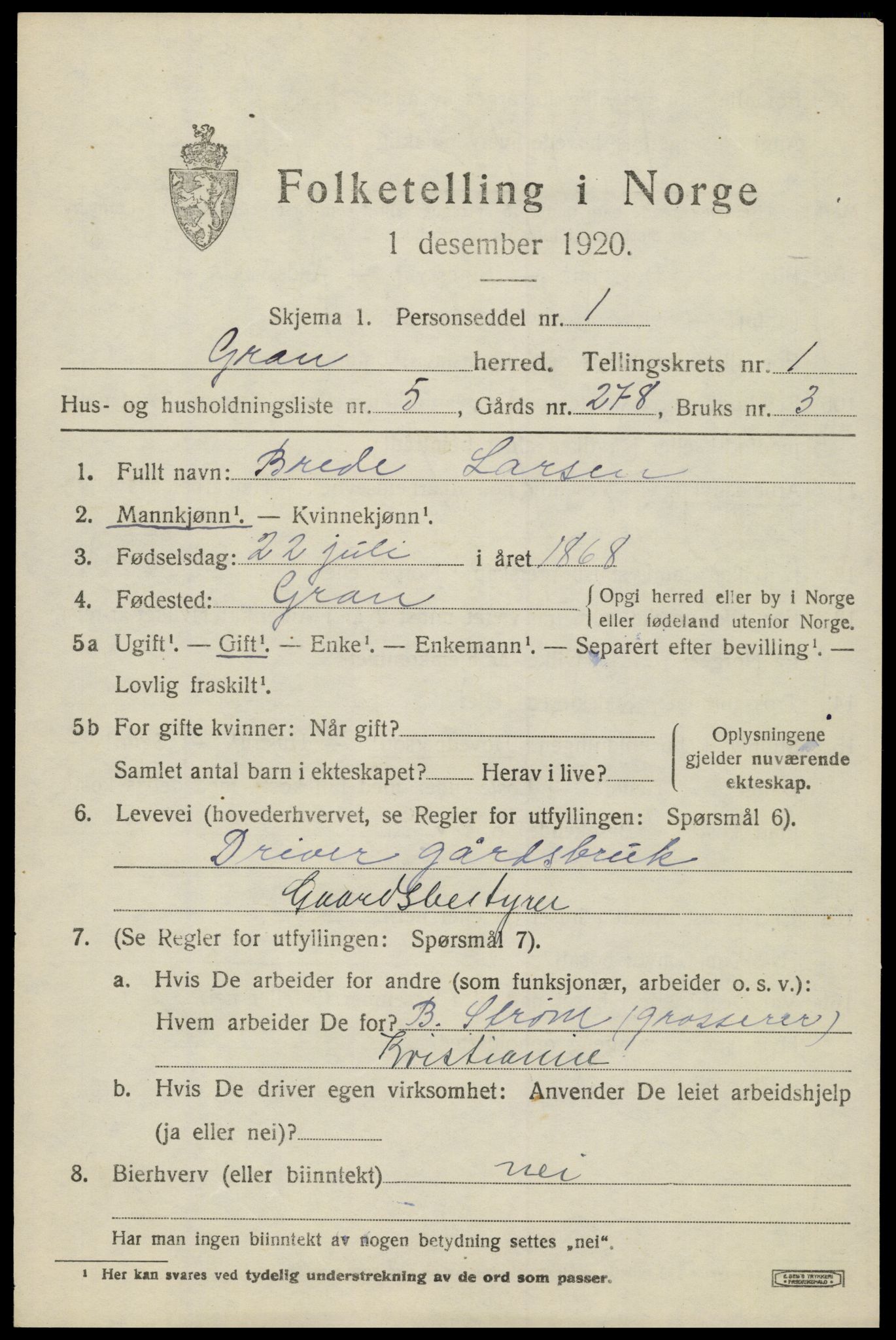 SAH, 1920 census for Gran, 1920, p. 1730