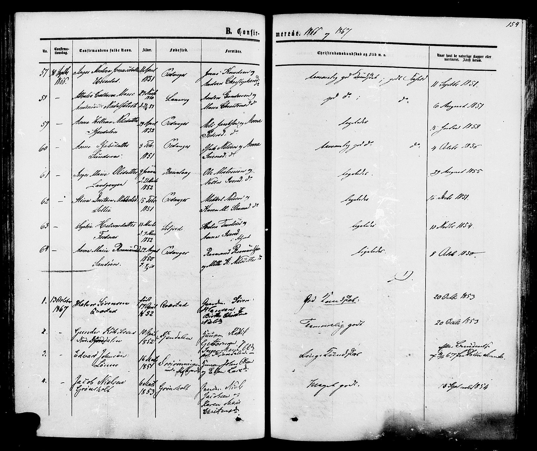 Eidanger kirkebøker, AV/SAKO-A-261/F/Fa/L0010: Parish register (official) no. 10, 1859-1874, p. 154