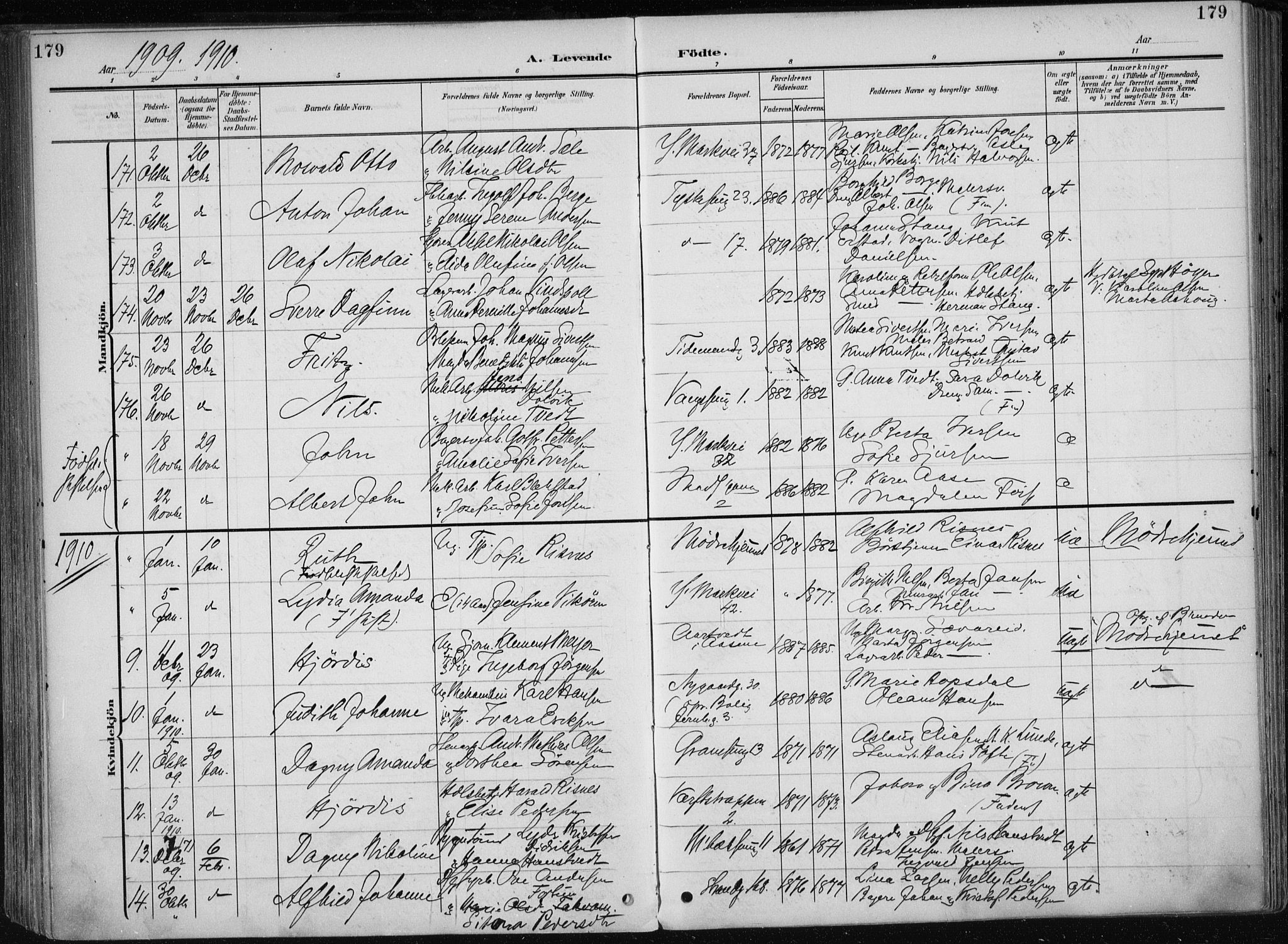 Nykirken Sokneprestembete, AV/SAB-A-77101/H/Haa/L0019: Parish register (official) no. B 7, 1904-1916, p. 179