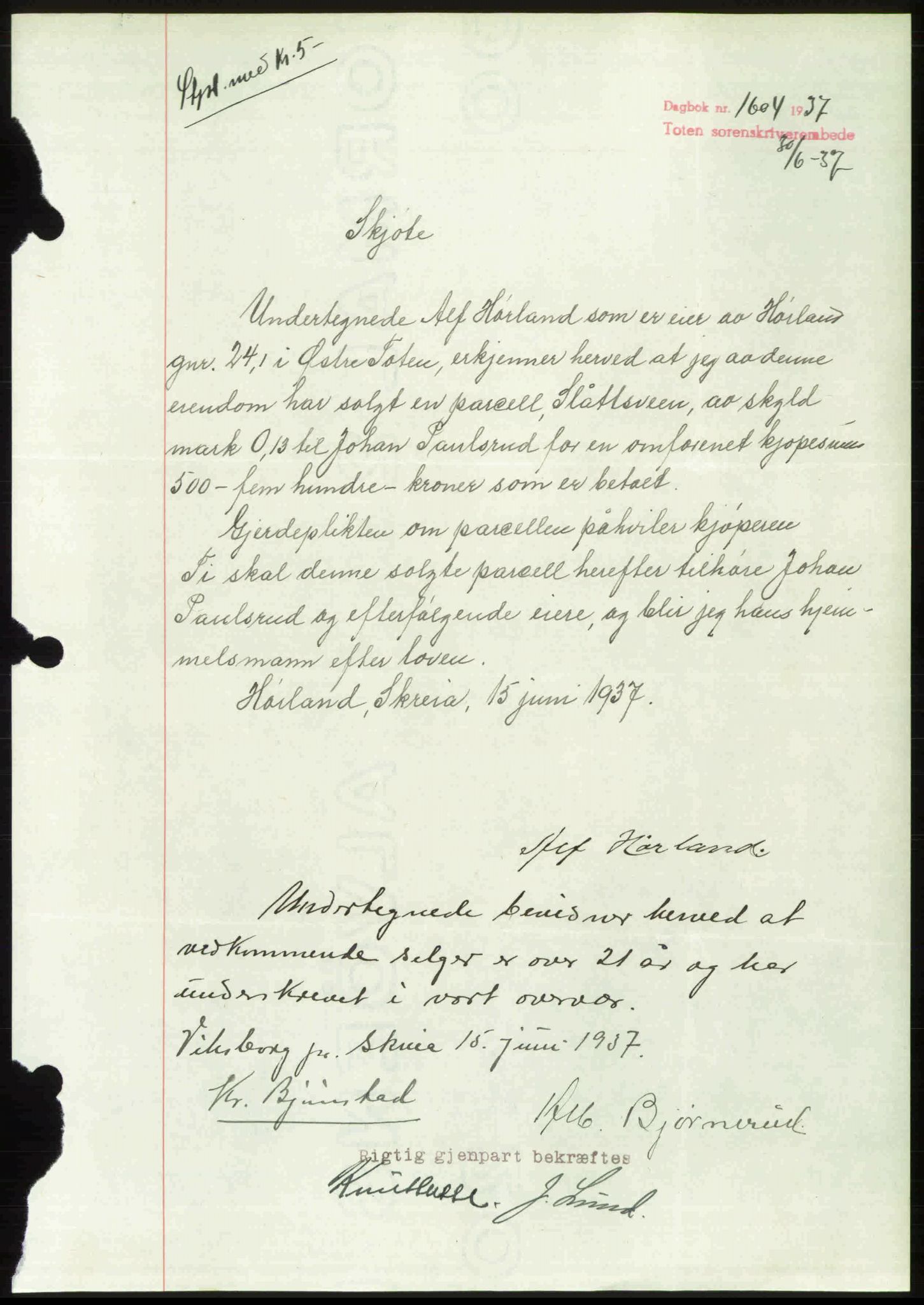 Toten tingrett, AV/SAH-TING-006/H/Hb/Hbc/L0002: Mortgage book no. Hbc-02, 1936-1937, Diary no: : 1604/1937