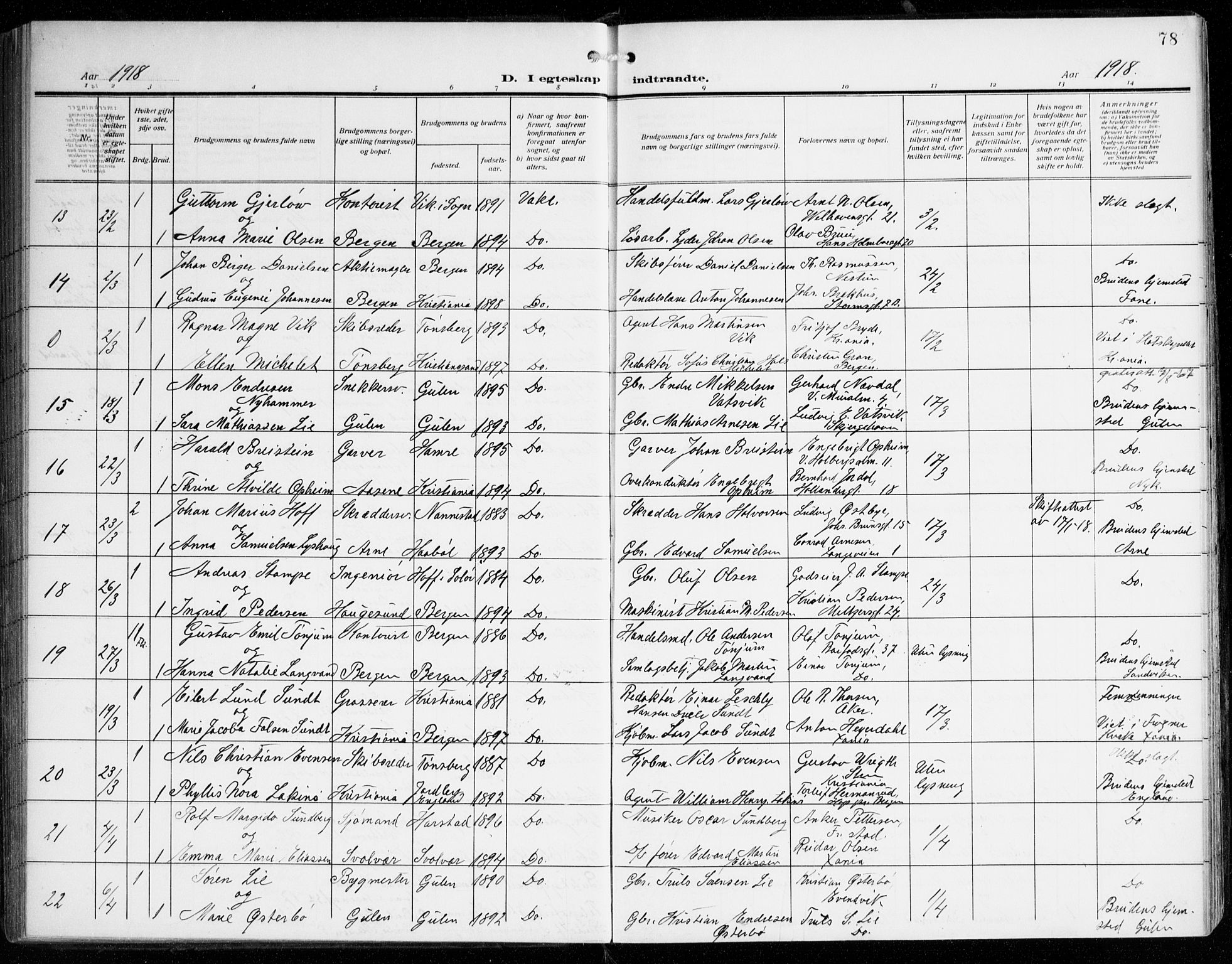 Johanneskirken sokneprestembete, AV/SAB-A-76001/H/Haa/L0013: Parish register (official) no. D 2, 1912-1929, p. 78