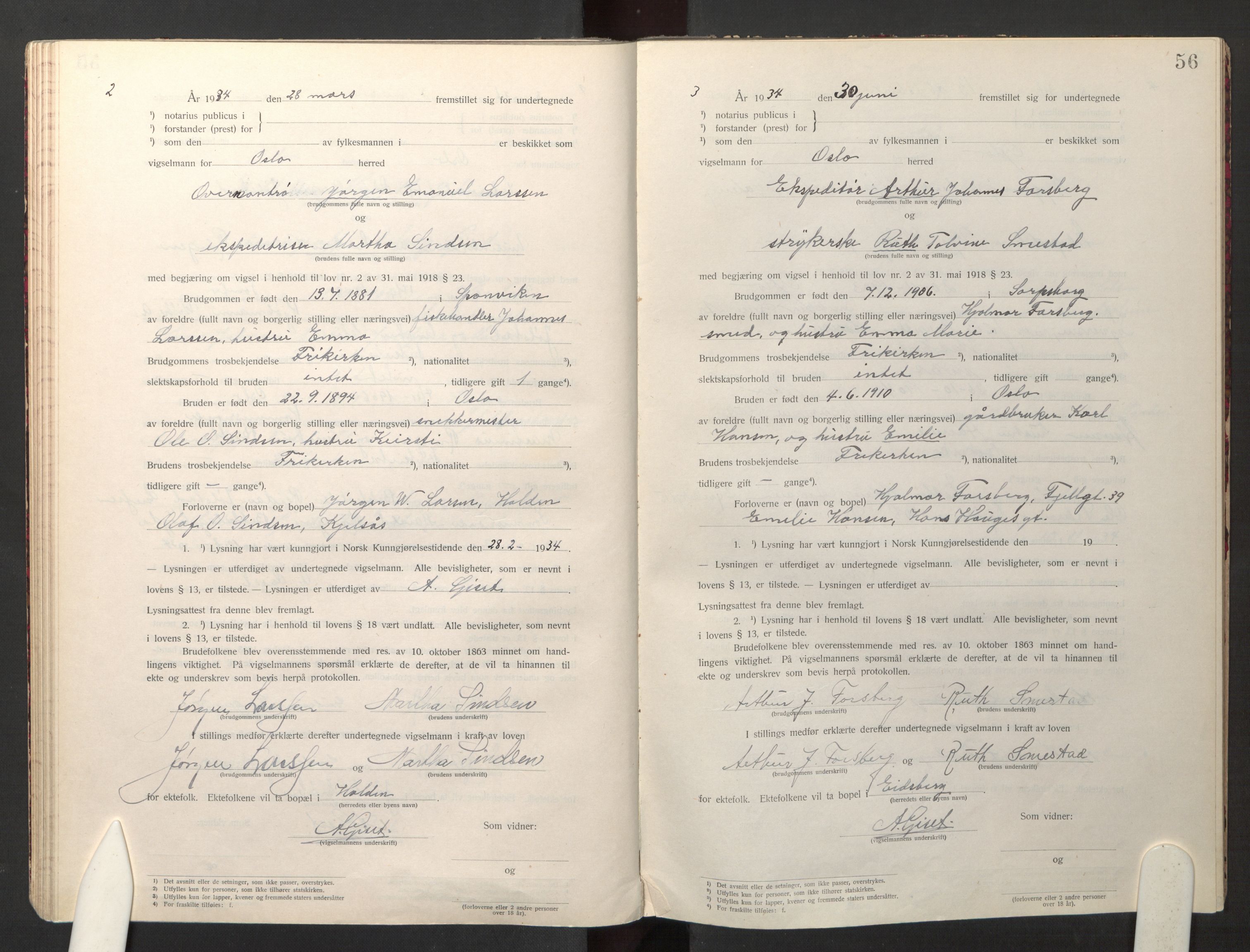 Den evangelisk-lutherske frikirke østre menighet, Oslo, AV/SAO-PAO-0245/F/L0005: Marriage register (dissenter) no. 5, 1920-1941, p. 56