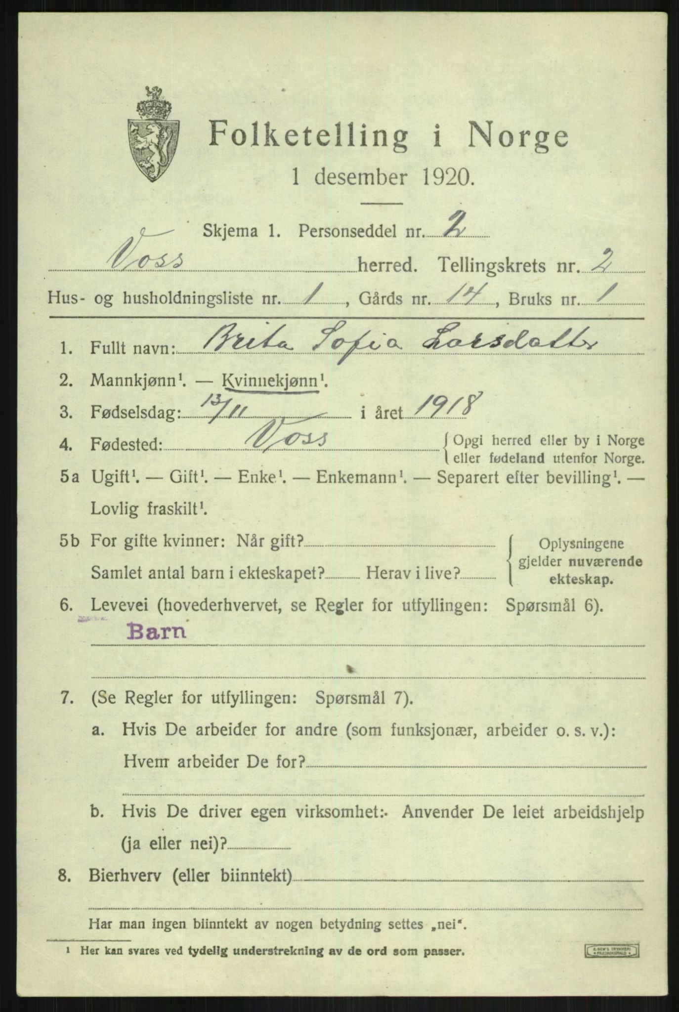 SAB, 1920 census for Voss, 1920, p. 3431