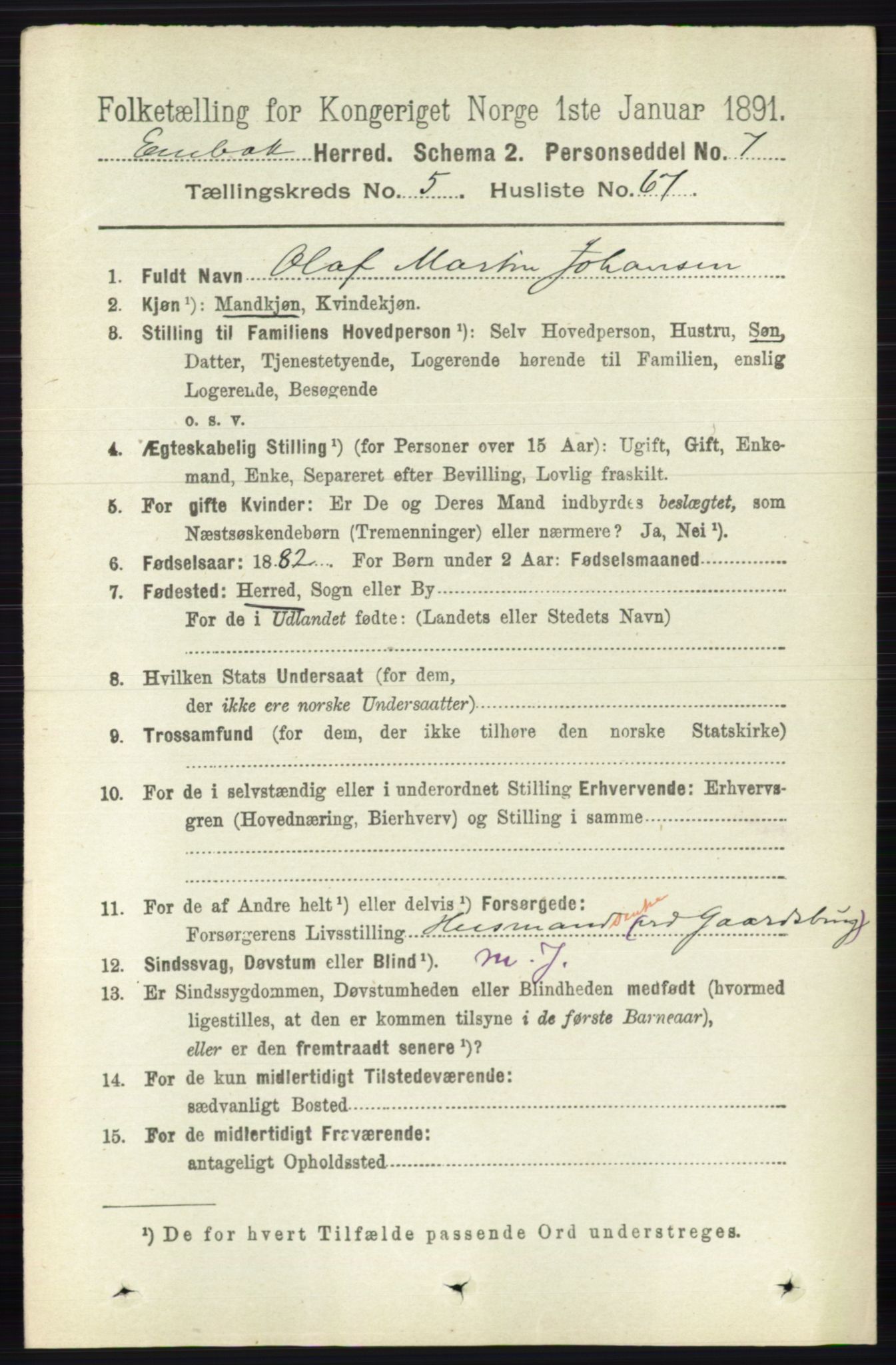 RA, 1891 census for 0229 Enebakk, 1891, p. 2399