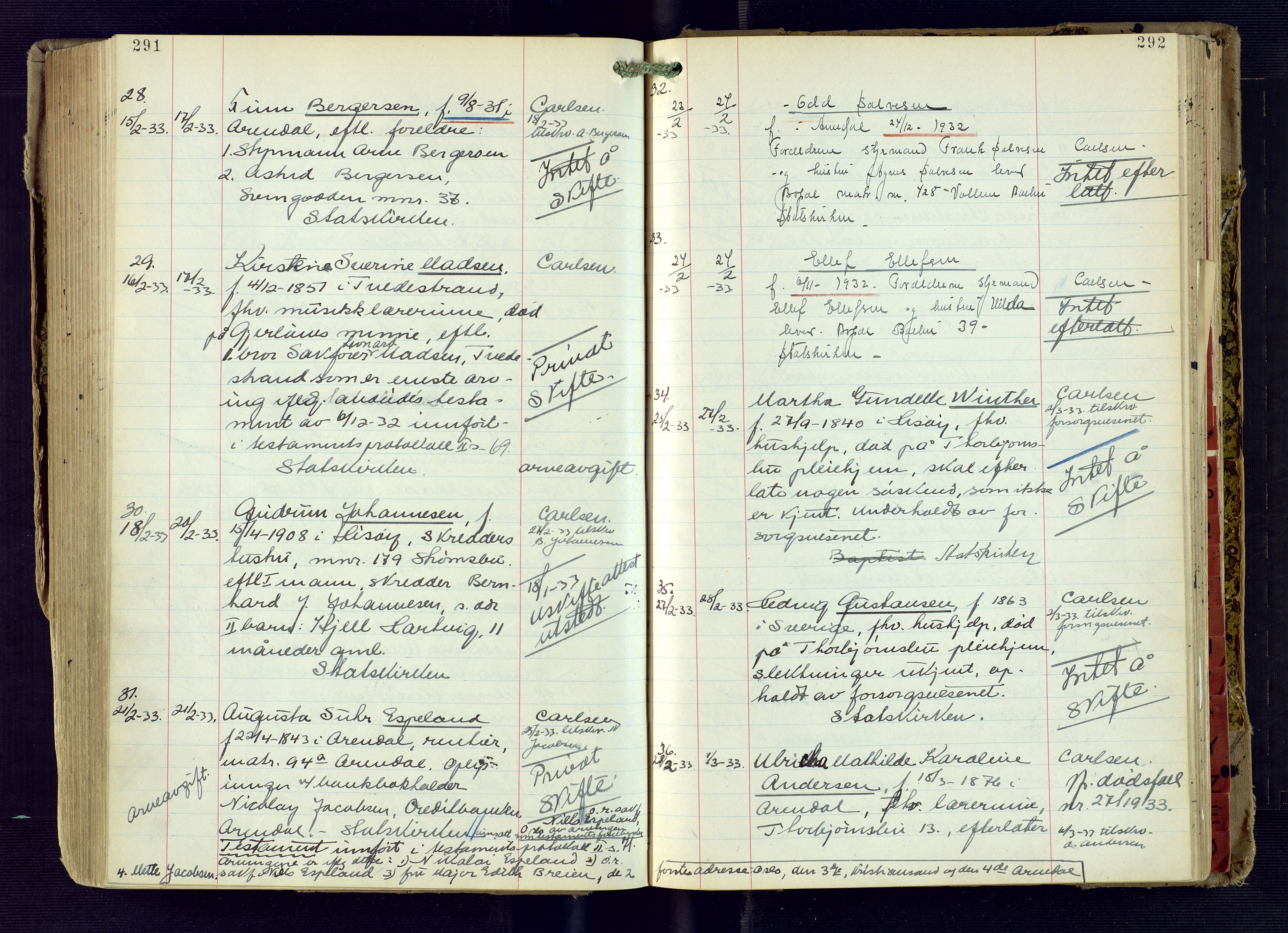 Arendal byfogd, AV/SAK-1222-0001/H/Ha/L0005: Dødsfallsprotokoll, 1926-1935, p. 291-292