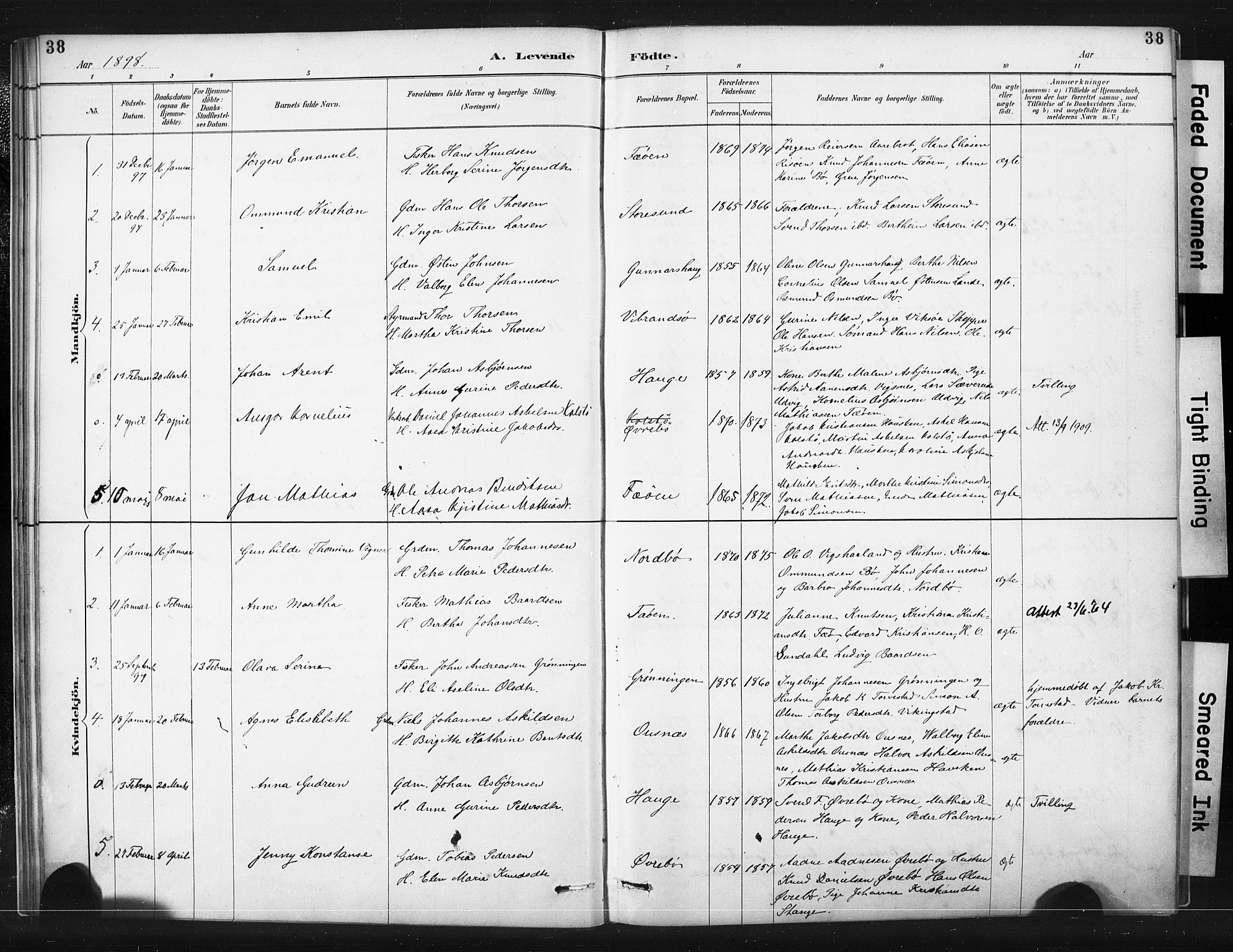 Torvastad sokneprestkontor, AV/SAST-A -101857/H/Ha/Haa/L0015: Parish register (official) no. A 14, 1888-1899, p. 38