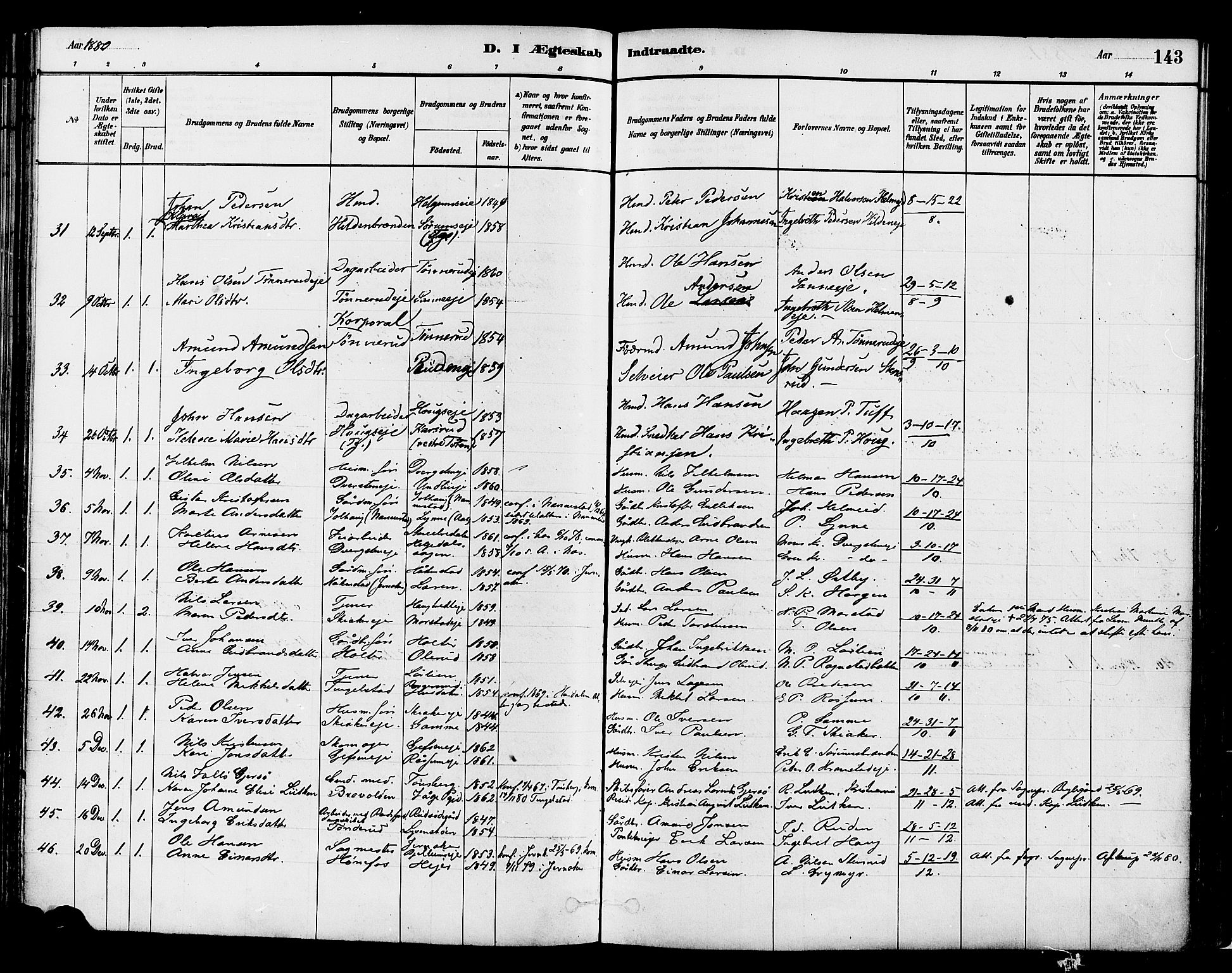 Gran prestekontor, SAH/PREST-112/H/Ha/Haa/L0014: Parish register (official) no. 14, 1880-1889, p. 143
