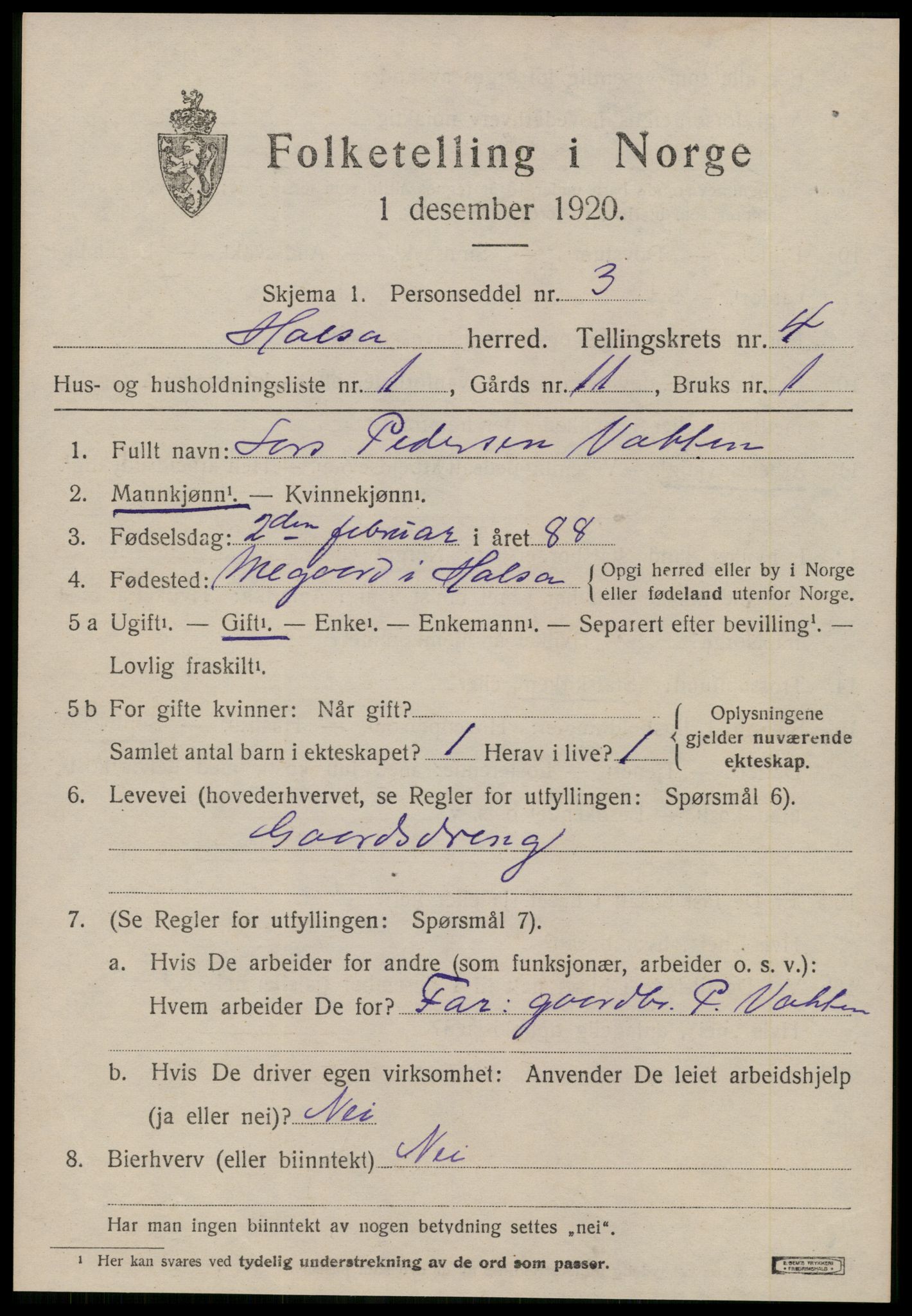 SAT, 1920 census for Halsa, 1920, p. 1627