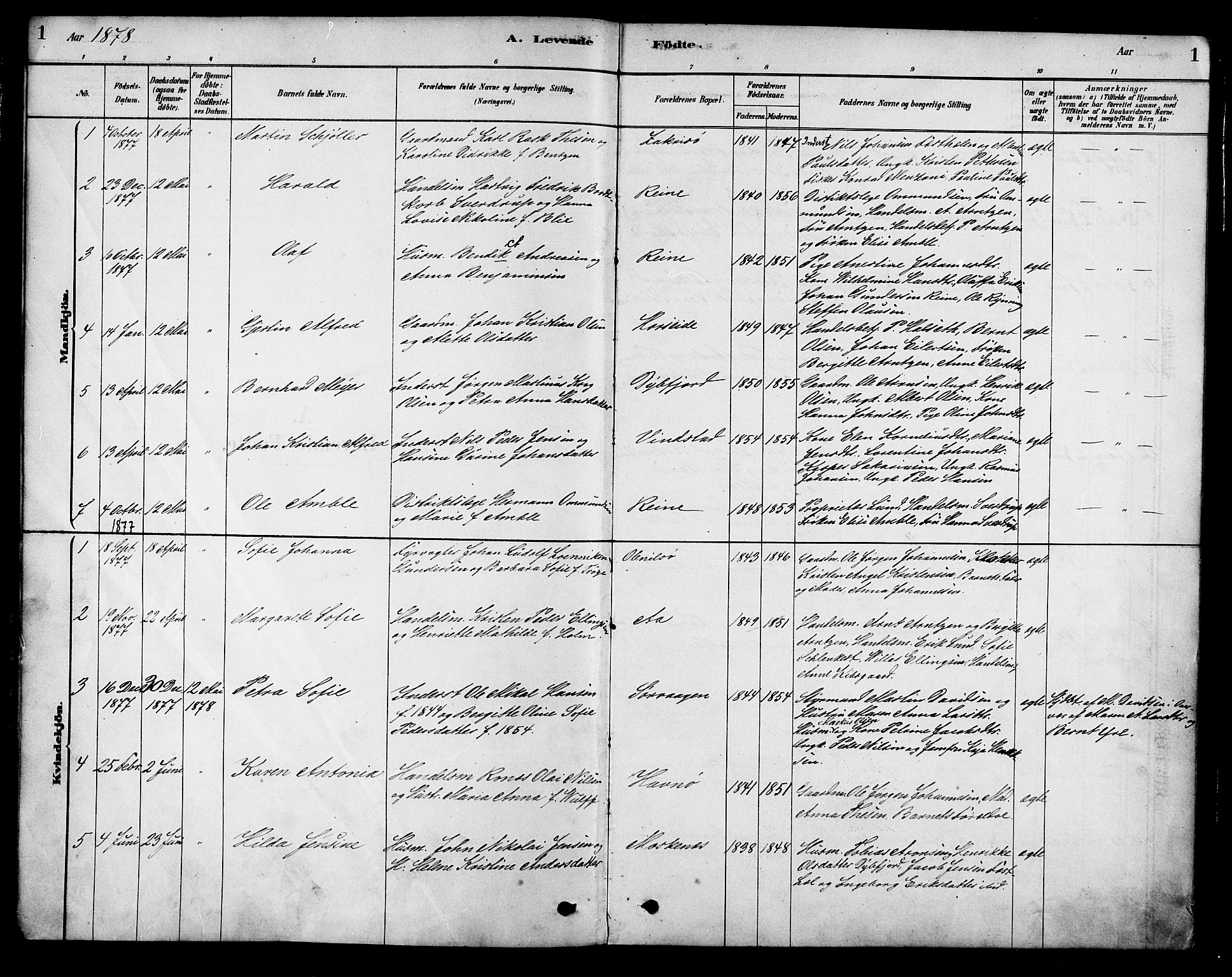 Ministerialprotokoller, klokkerbøker og fødselsregistre - Nordland, AV/SAT-A-1459/886/L1219: Parish register (official) no. 886A01, 1878-1892, p. 1