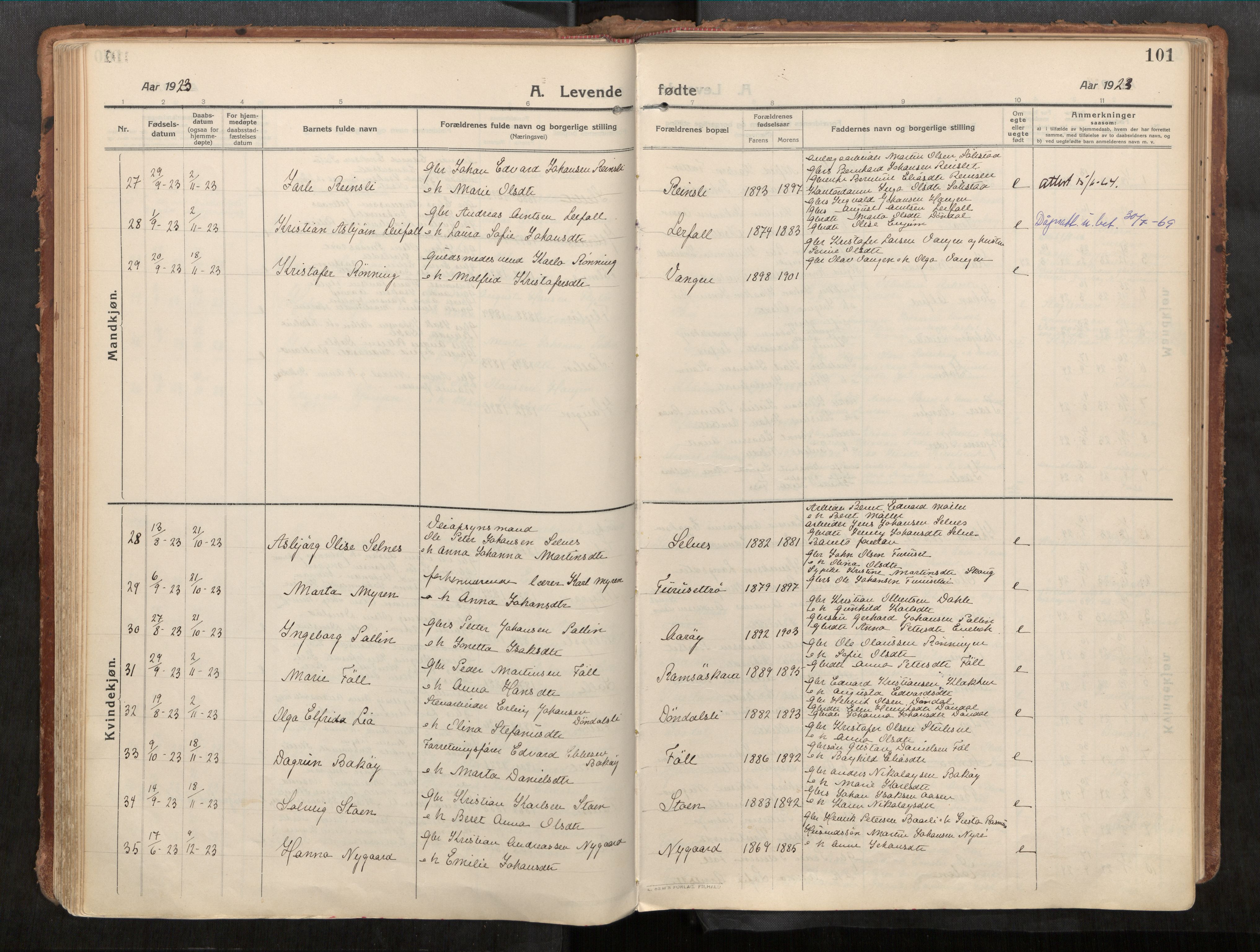 Stadsbygd sokneprestkontor, SAT/A-1117/1/I/I1/I1a/L0001: Parish register (official) no. 1, 1911-1929, p. 101