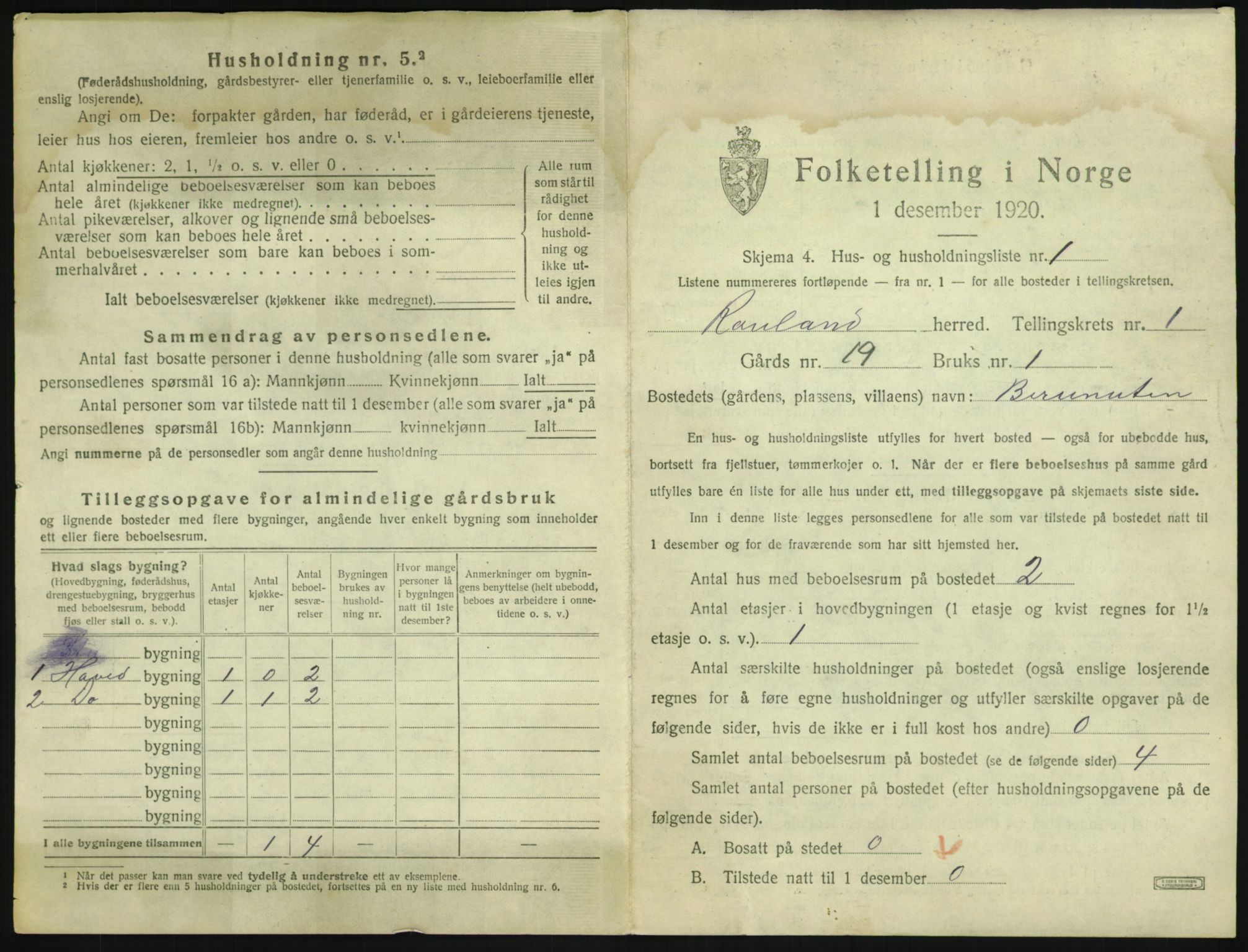 SAKO, 1920 census for Rauland, 1920, p. 42