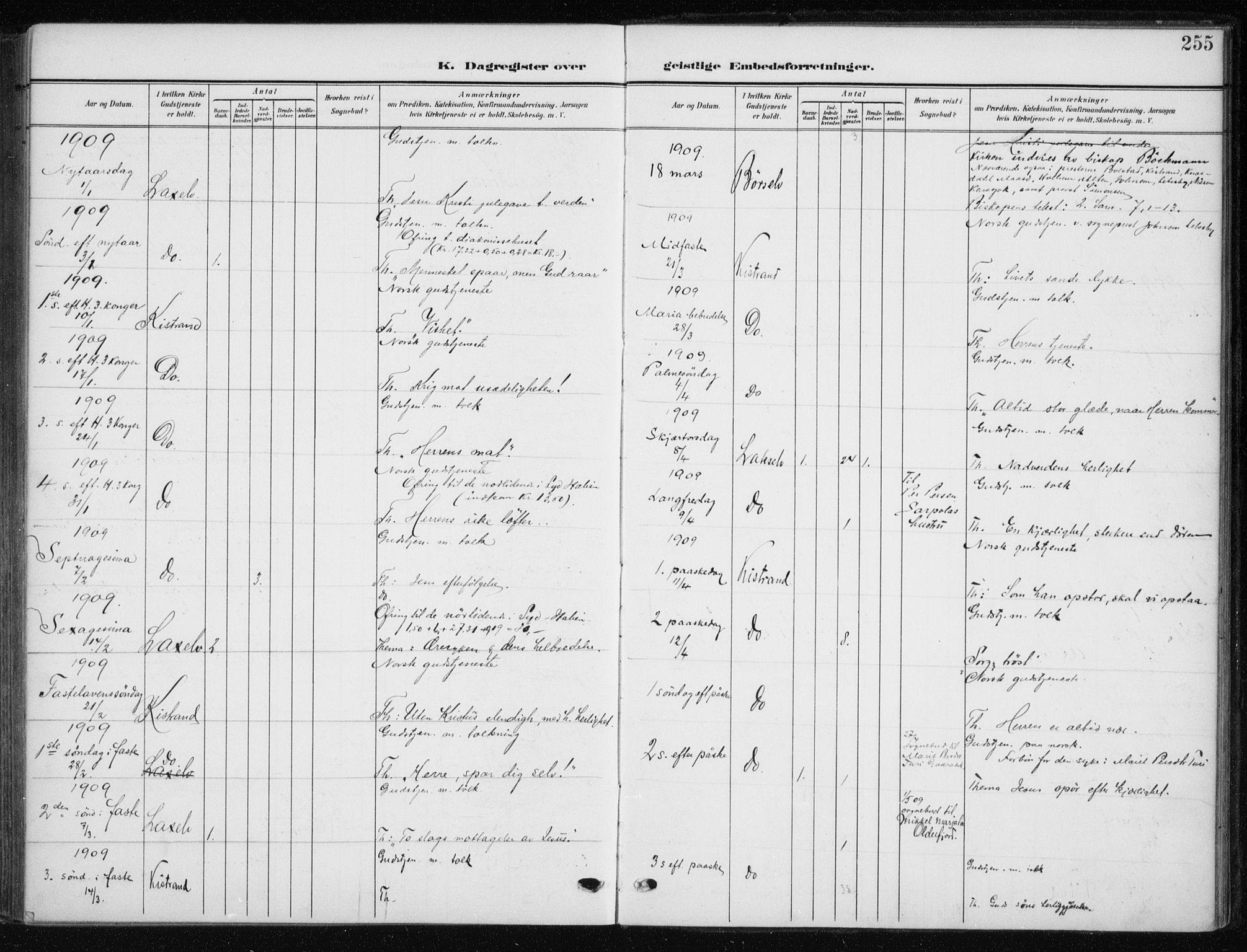 Kistrand/Porsanger sokneprestembete, SATØ/S-1351/H/Ha/L0014.kirke: Parish register (official) no. 14, 1908-1917, p. 255