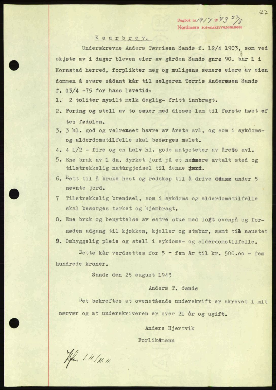 Nordmøre sorenskriveri, AV/SAT-A-4132/1/2/2Ca: Mortgage book no. B91, 1943-1944, Diary no: : 1917/1943