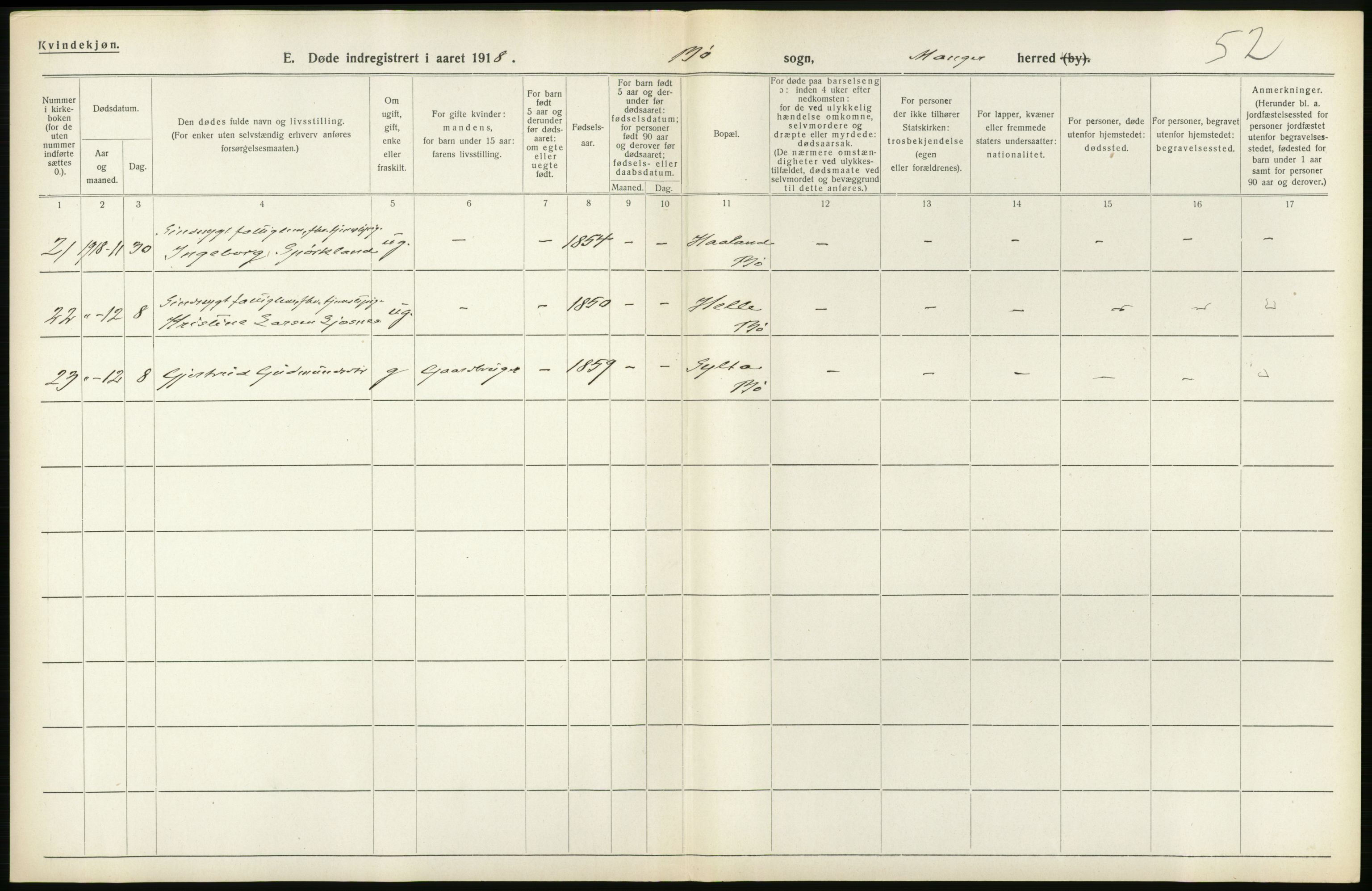 Statistisk sentralbyrå, Sosiodemografiske emner, Befolkning, AV/RA-S-2228/D/Df/Dfb/Dfbh/L0036: Hordaland fylke: Døde., 1918, p. 598