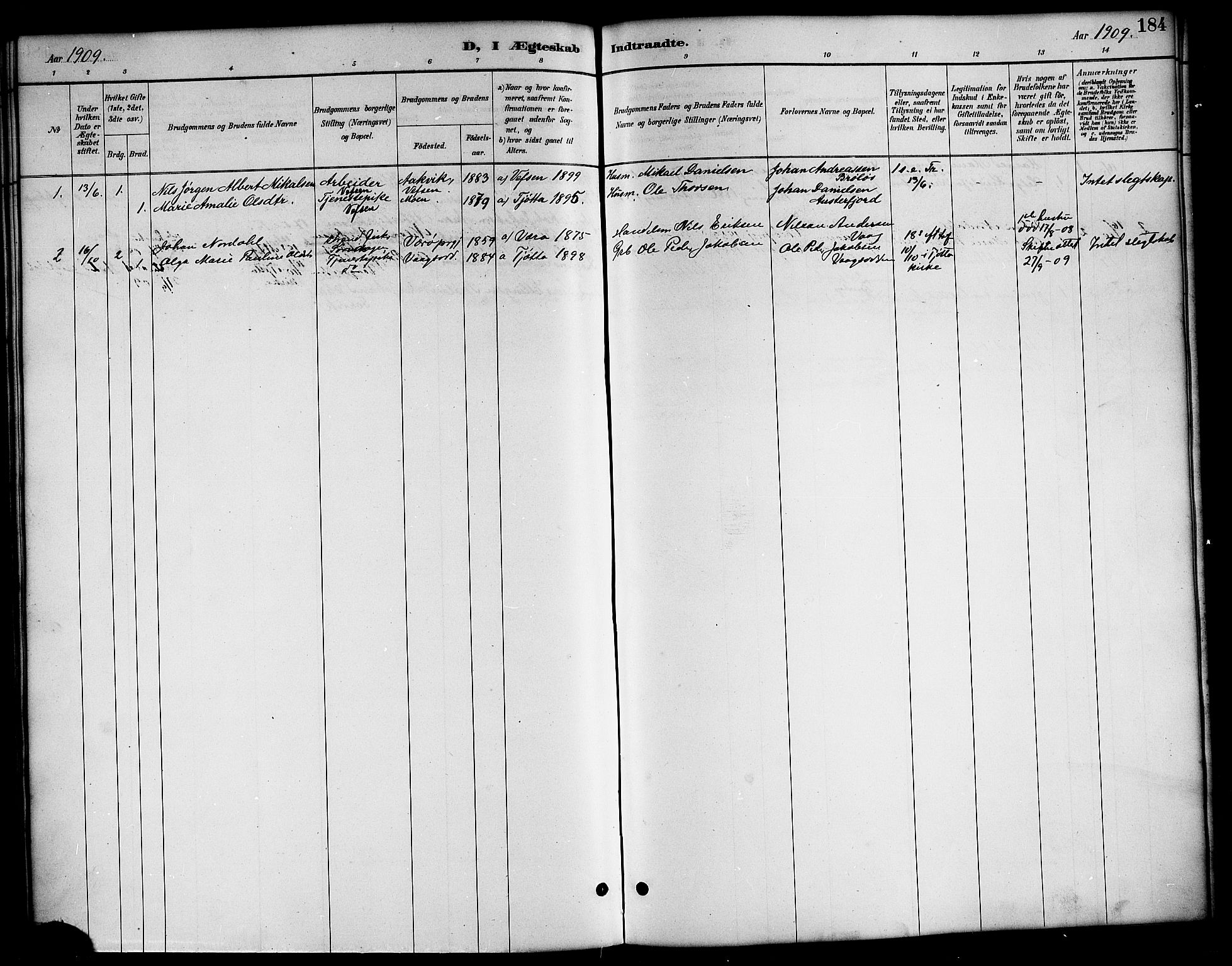 Ministerialprotokoller, klokkerbøker og fødselsregistre - Nordland, AV/SAT-A-1459/819/L0277: Parish register (copy) no. 819C03, 1888-1917, p. 184