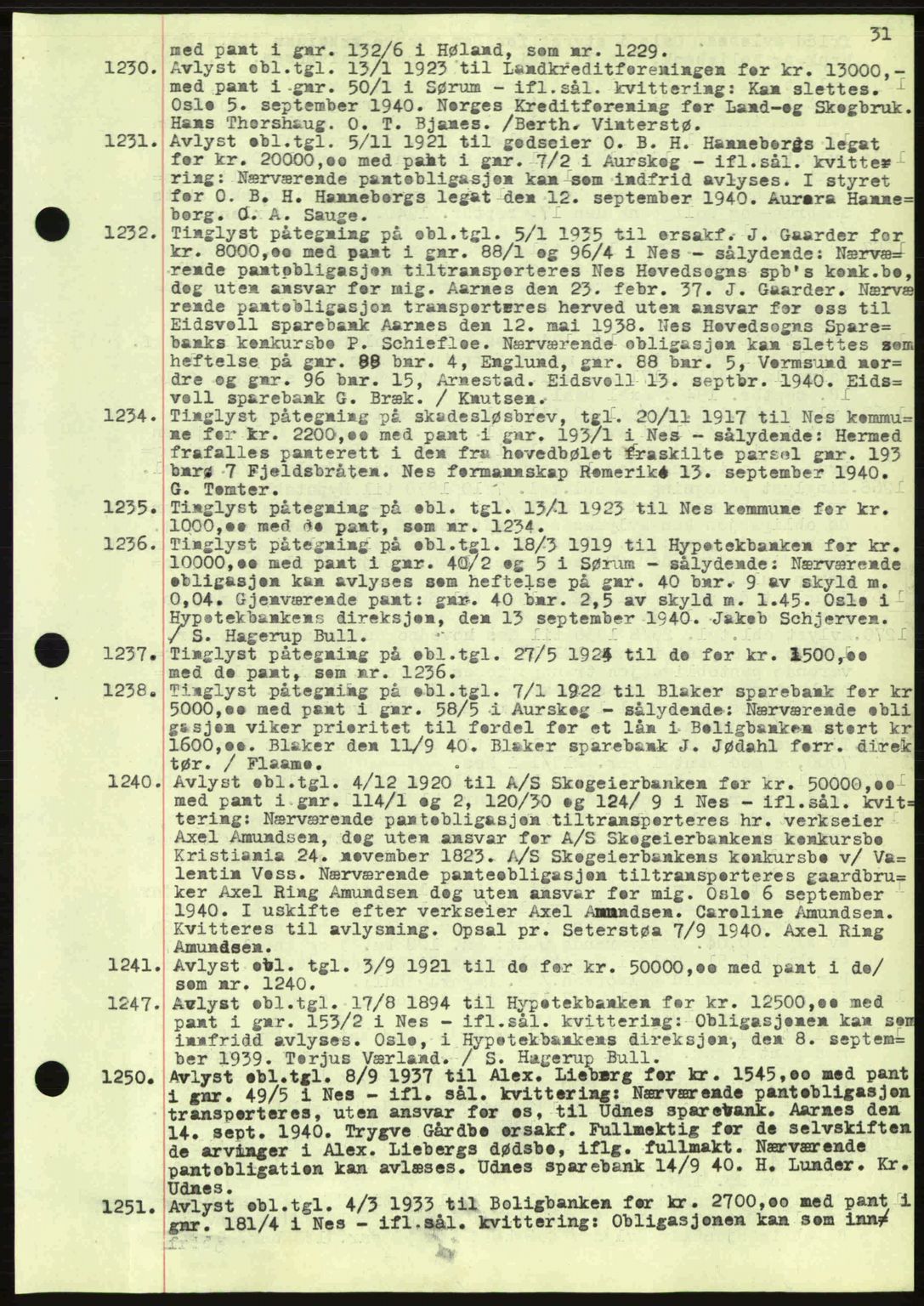 Nes tingrett, SAO/A-10548/G/Gb/Gbb/L0010: Mortgage book no. 54, 1939-1940, Diary no: : 1230/1940