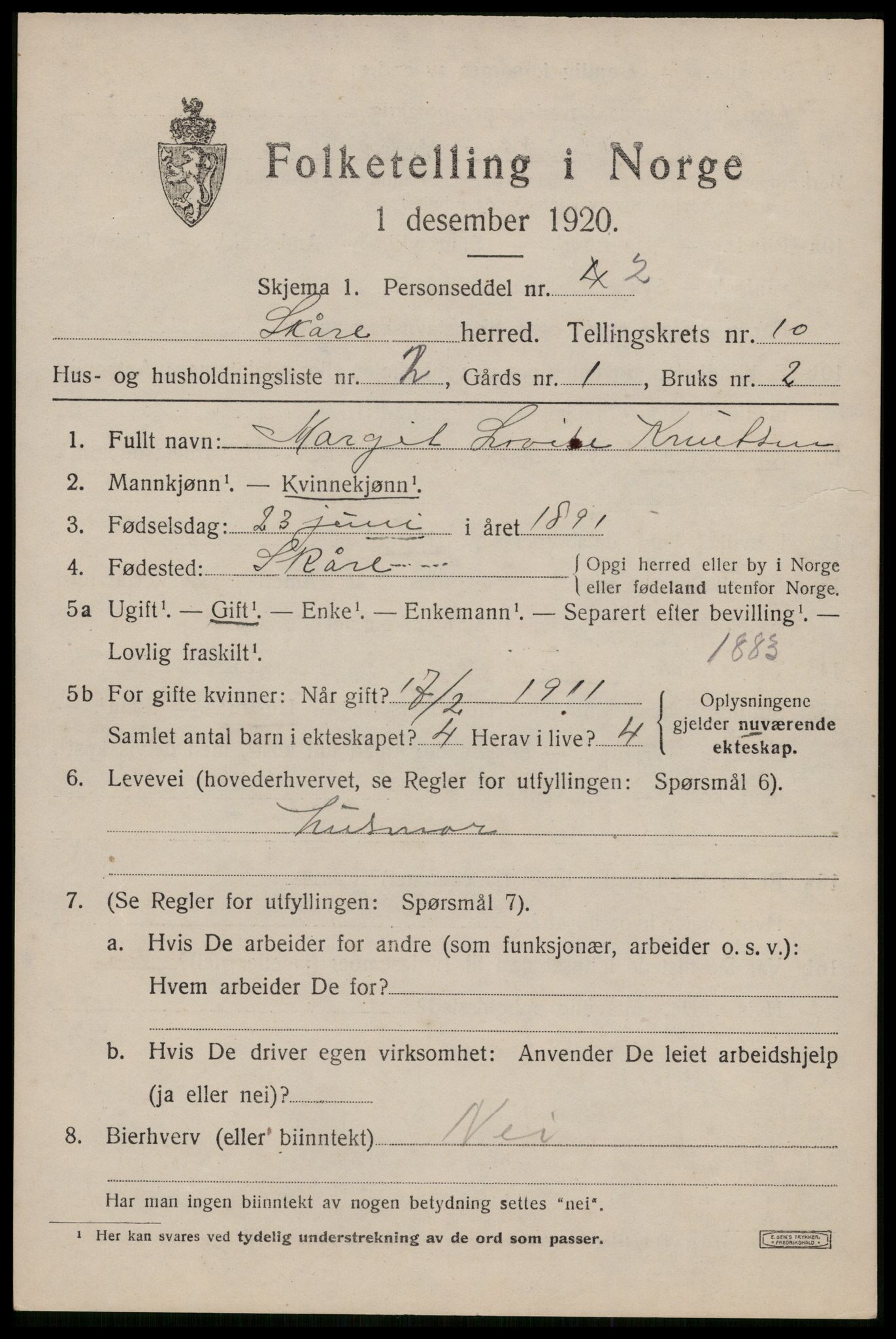 SAST, 1920 census for Skåre, 1920, p. 7872