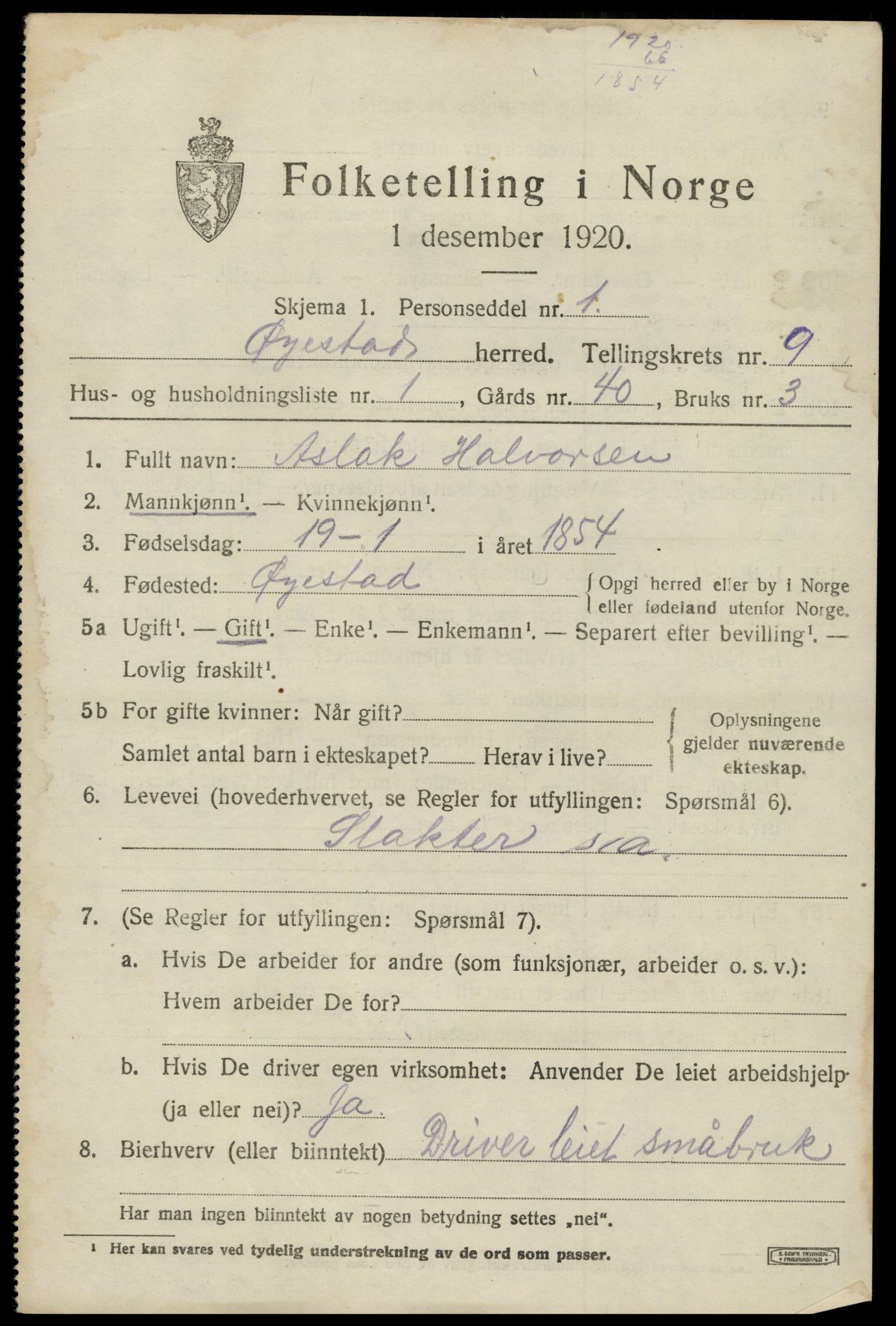 SAK, 1920 census for Øyestad, 1920, p. 5912