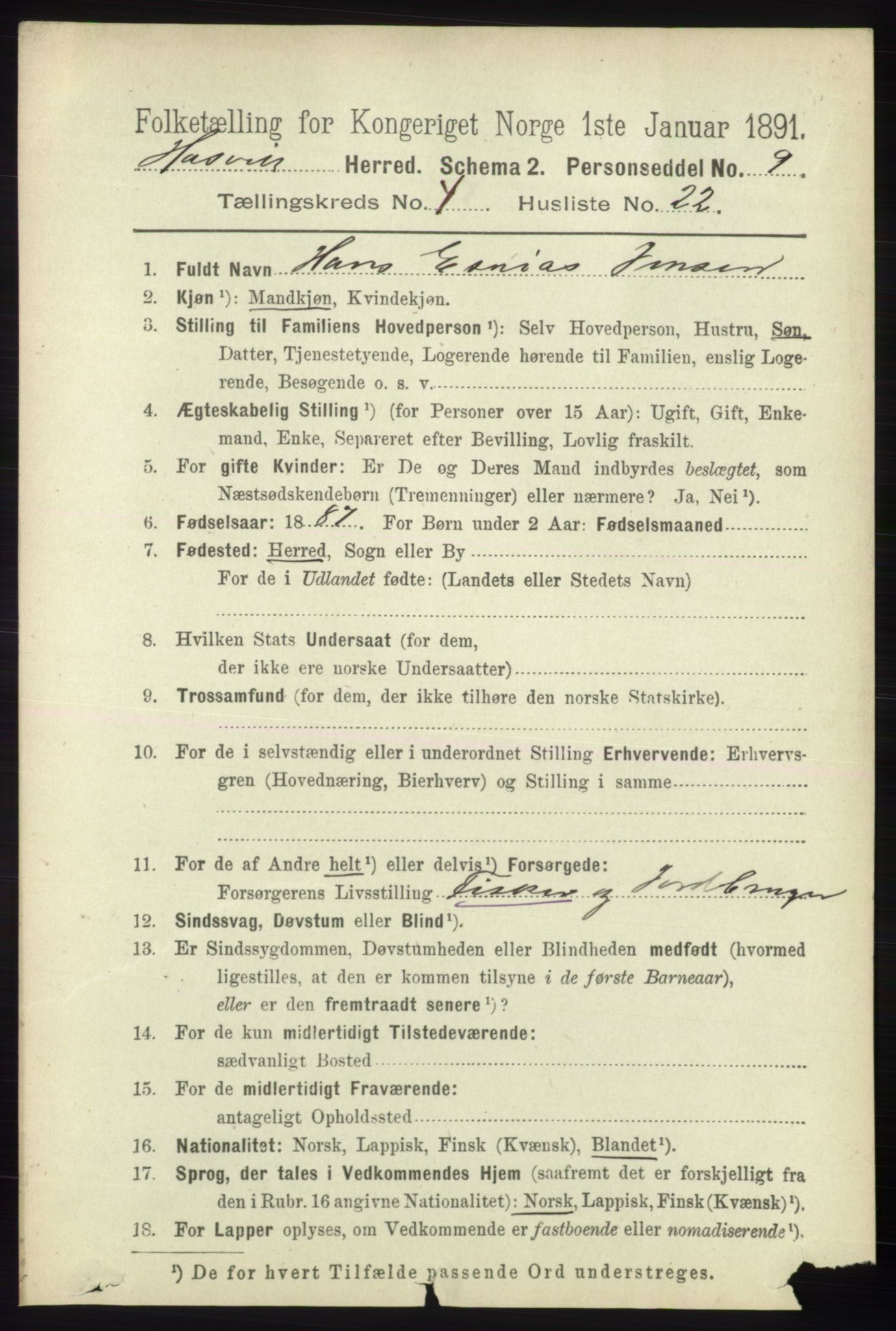 RA, 1891 census for 2015 Hasvik, 1891, p. 600