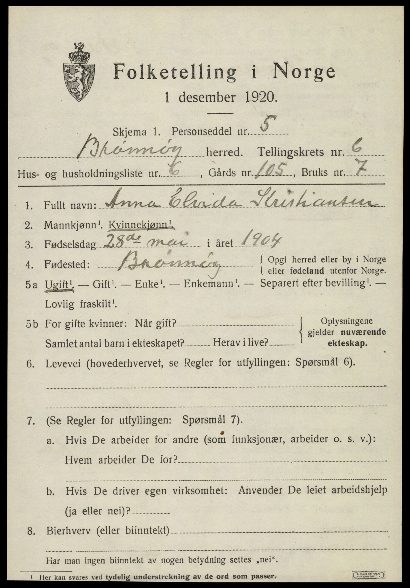 SAT, 1920 census for Brønnøy, 1920, p. 4376