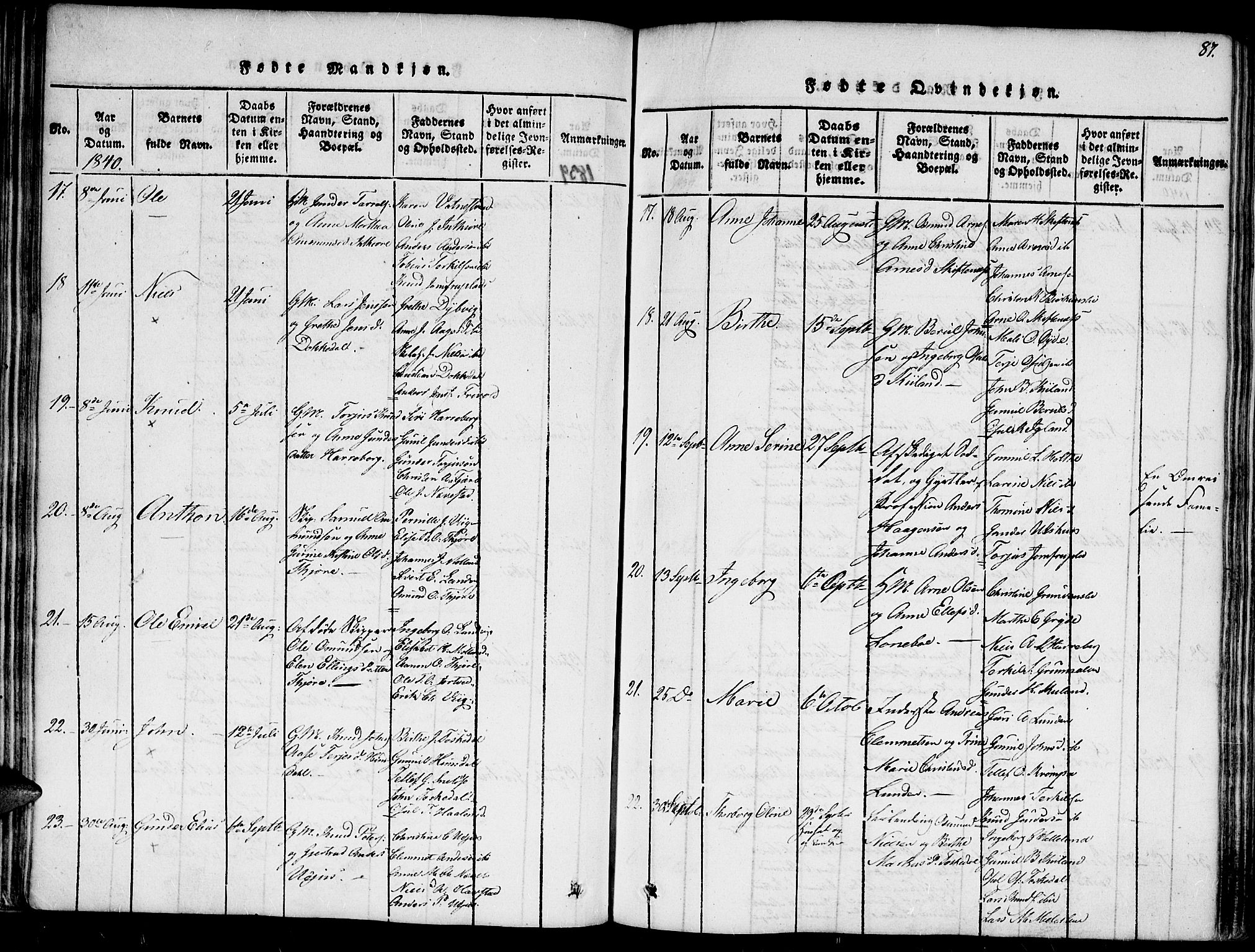 Hommedal sokneprestkontor, AV/SAK-1111-0023/F/Fa/Fab/L0003: Parish register (official) no. A 3, 1815-1848, p. 87