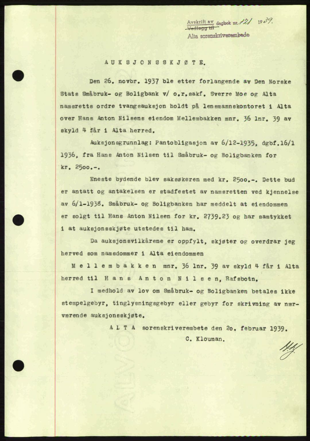 Alta fogderi/sorenskriveri, SATØ/SATØ-5/1/K/Kd/L0031pantebok: Mortgage book no. 31, 1938-1939, Diary no: : 121/1939