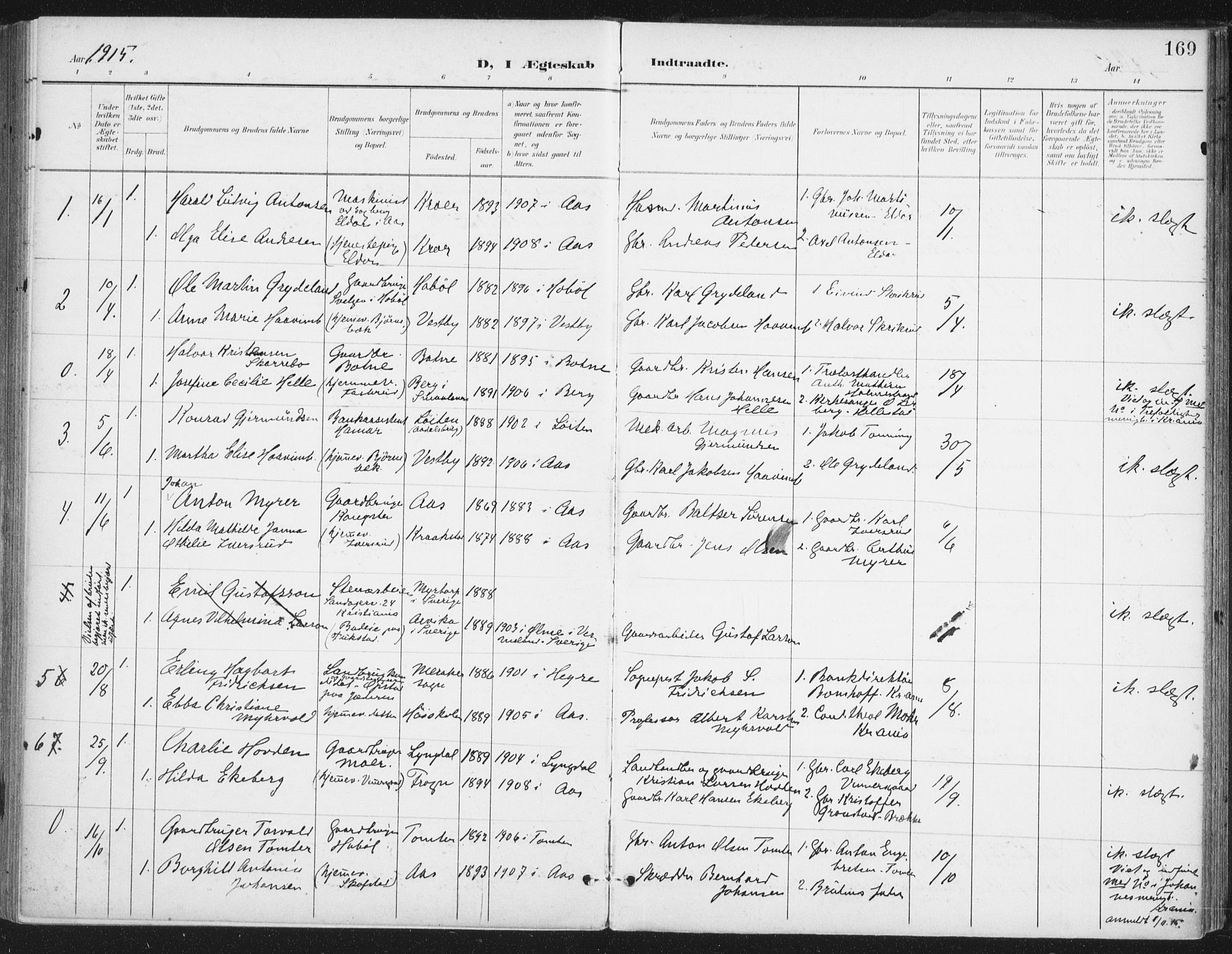 Ås prestekontor Kirkebøker, SAO/A-10894/F/Fa/L0010: Parish register (official) no. I 10, 1900-1918, p. 169