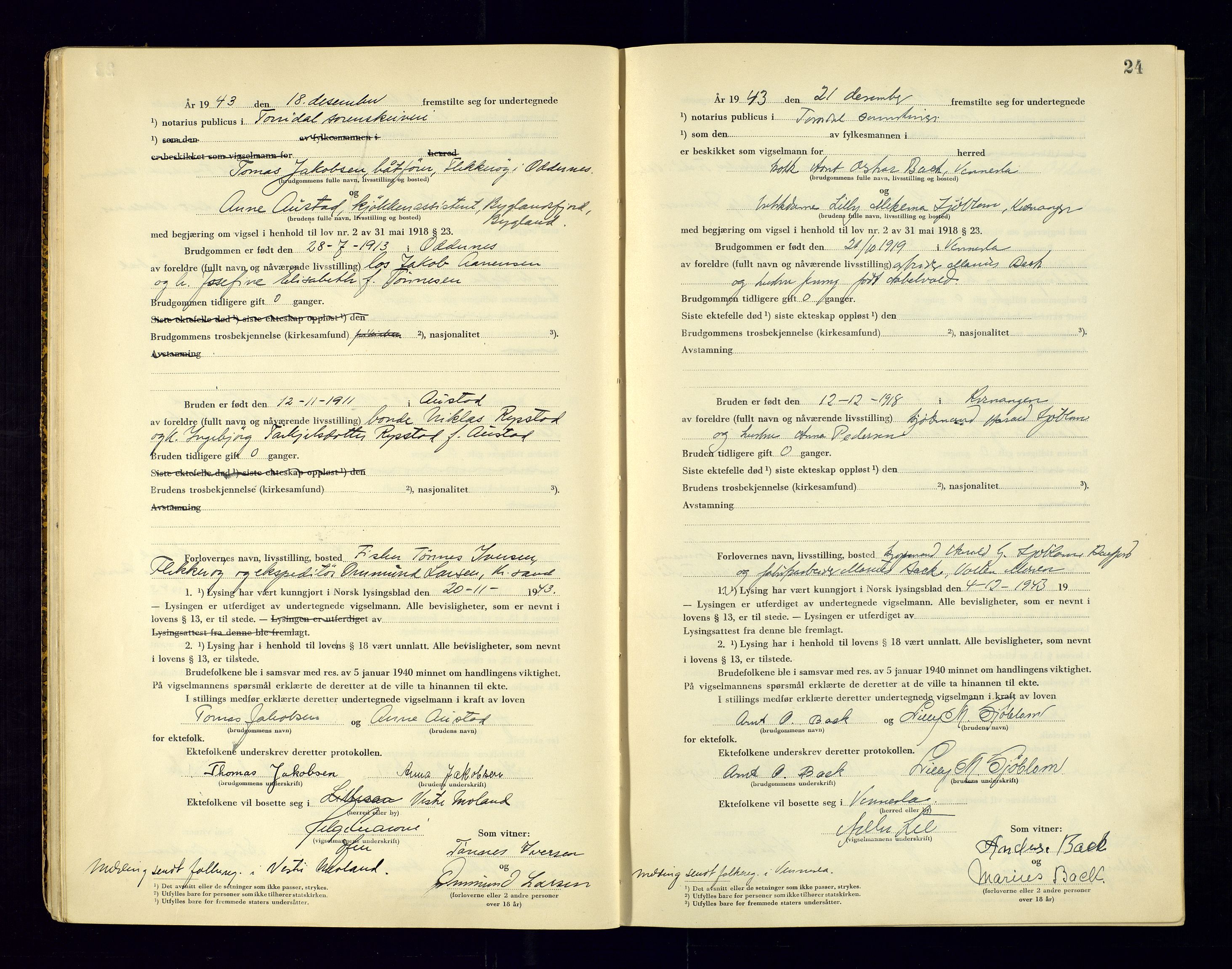 Torridal sorenskriveri, AV/SAK-1221-0012/L/Ld/L0004: Vigselbok nr. 2, 1943-1946, p. 24