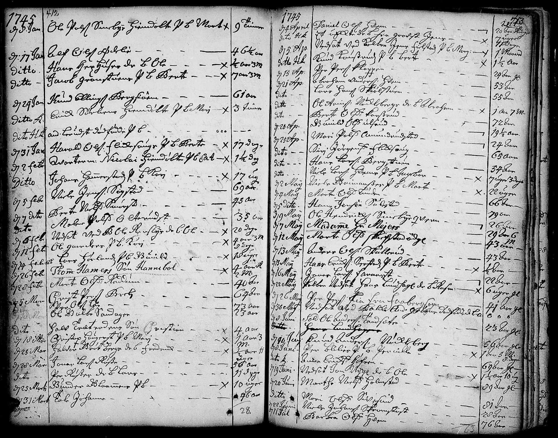 Toten prestekontor, SAH/PREST-102/H/Ha/Haa/L0003: Parish register (official) no. 3, 1734-1751, p. 412-413