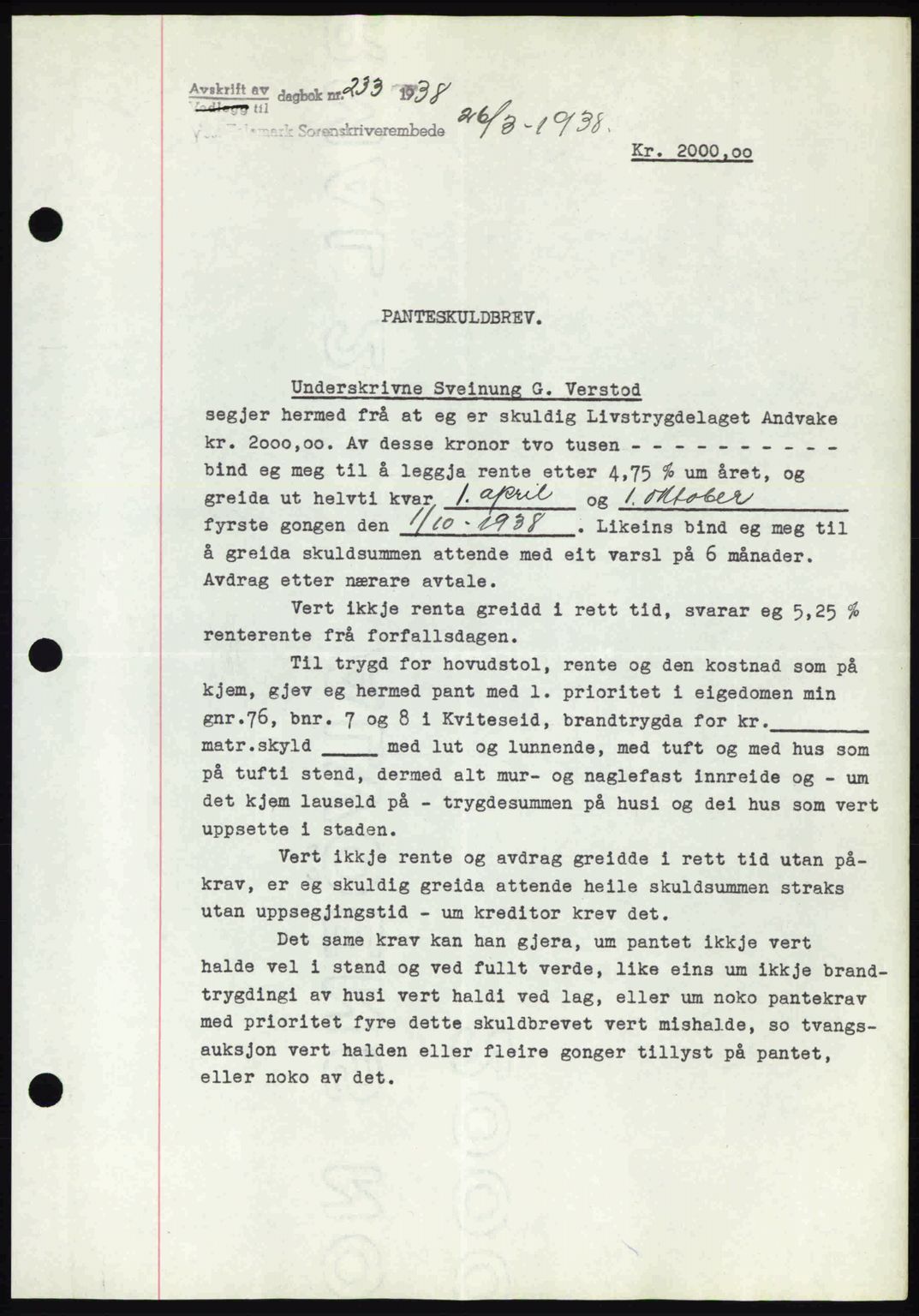 Vest-Telemark sorenskriveri, AV/SAKO-A-134/G/Ga/Gad/L0001: Mortgage book no. B-1, 1937-1938, Diary no: : 233/1938