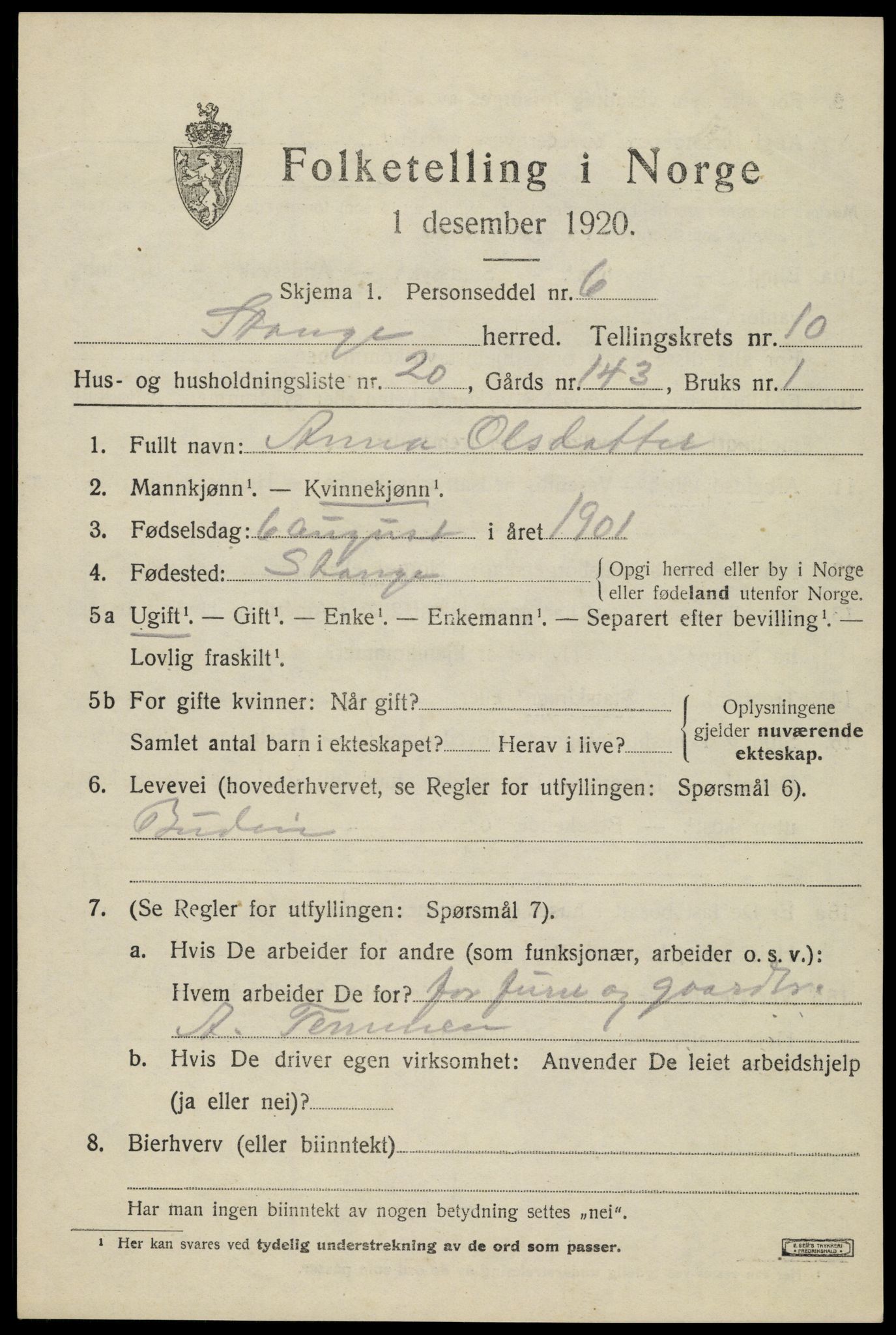 SAH, 1920 census for Stange, 1920, p. 16083