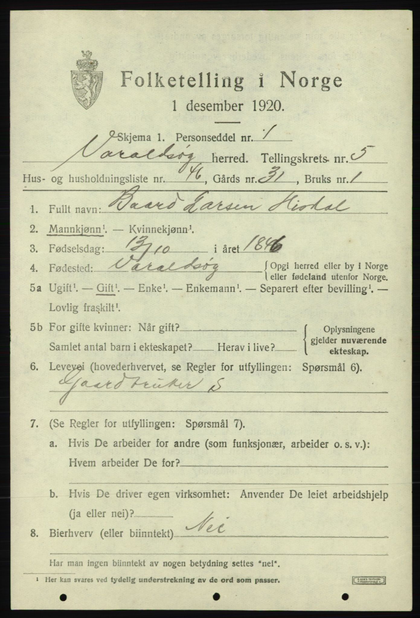 SAB, 1920 census for Varaldsøy, 1920, p. 2293