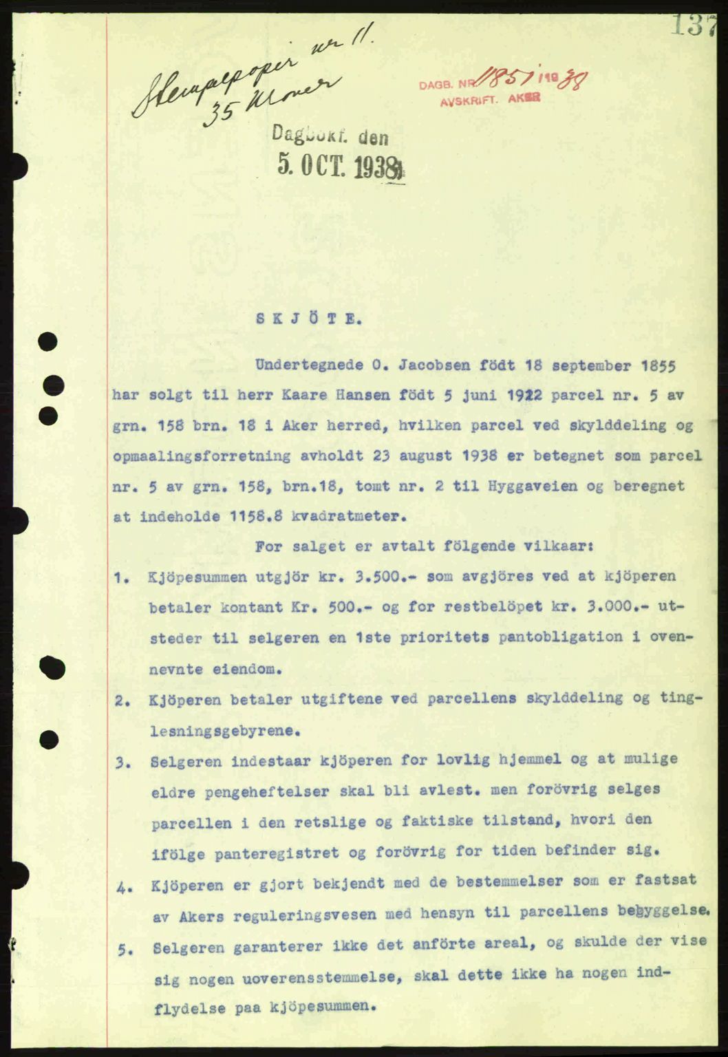 Aker herredsskriveri, SAO/A-10896/G/Gb/Gba/Gbab/L0025: Mortgage book no. A154-155, 1938-1938, Diary no: : 11851/1938