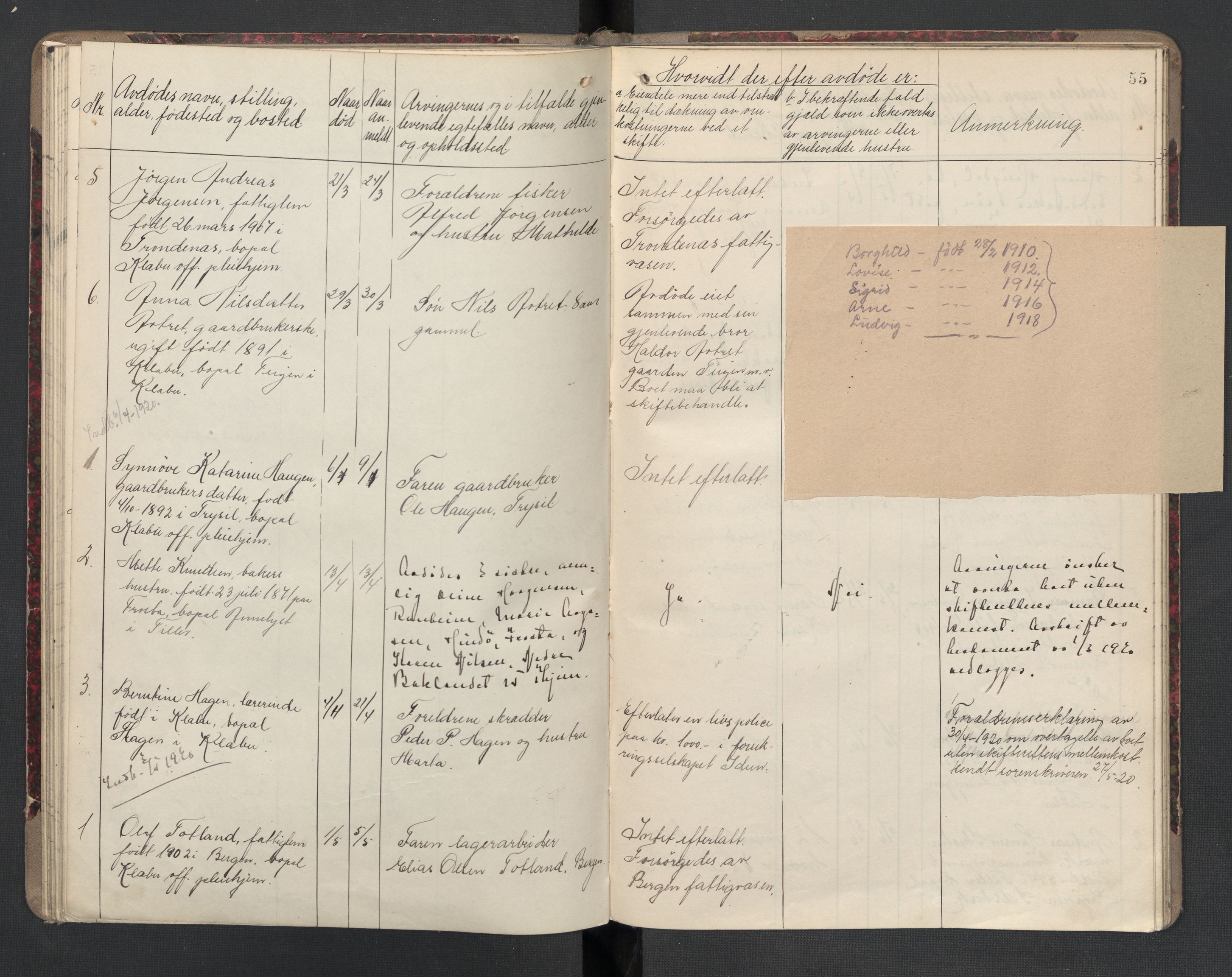 Klæbu lensmannskontor, AV/SAT-A-1059/1/02/L0001: 2.01.01 Anmeldte dødsfall, 1908-1924, p. 55