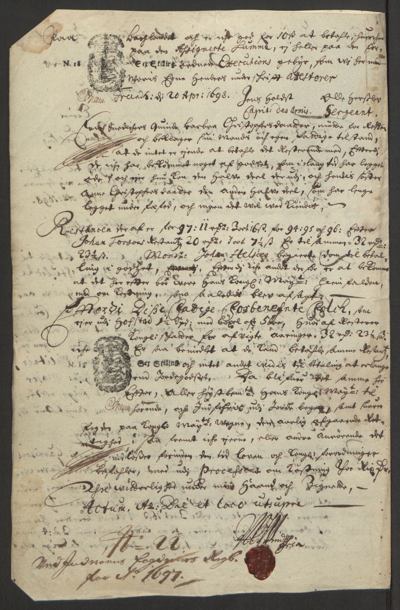 Rentekammeret inntil 1814, Reviderte regnskaper, Fogderegnskap, AV/RA-EA-4092/R63/L4309: Fogderegnskap Inderøy, 1695-1697, p. 585