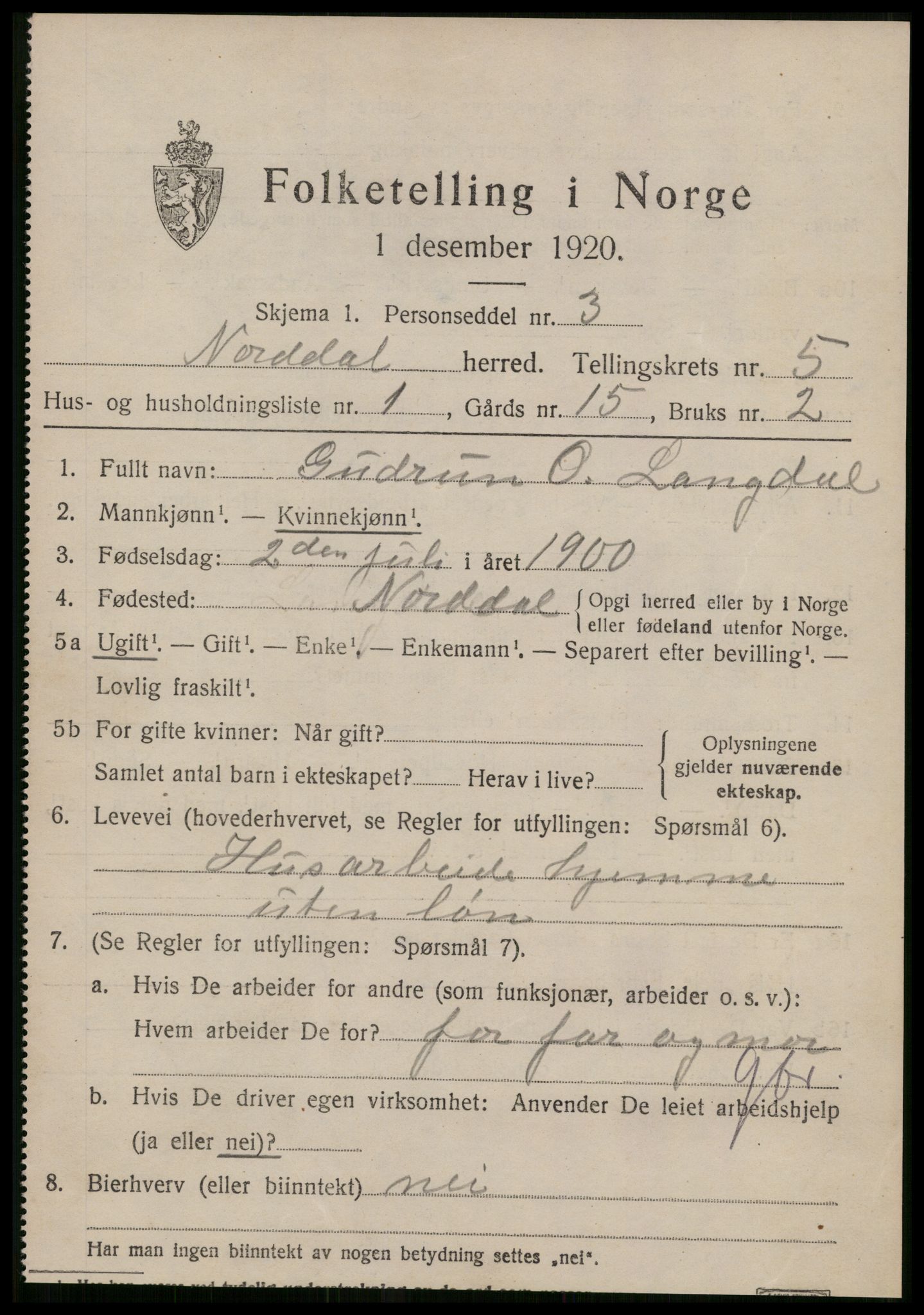 SAT, 1920 census for Norddal, 1920, p. 2807