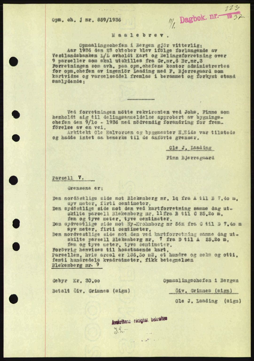 Byfogd og Byskriver i Bergen, SAB/A-3401/03/03Bc/L0004: Mortgage book no. A3-4, 1936-1937, Diary no: : 223/1937