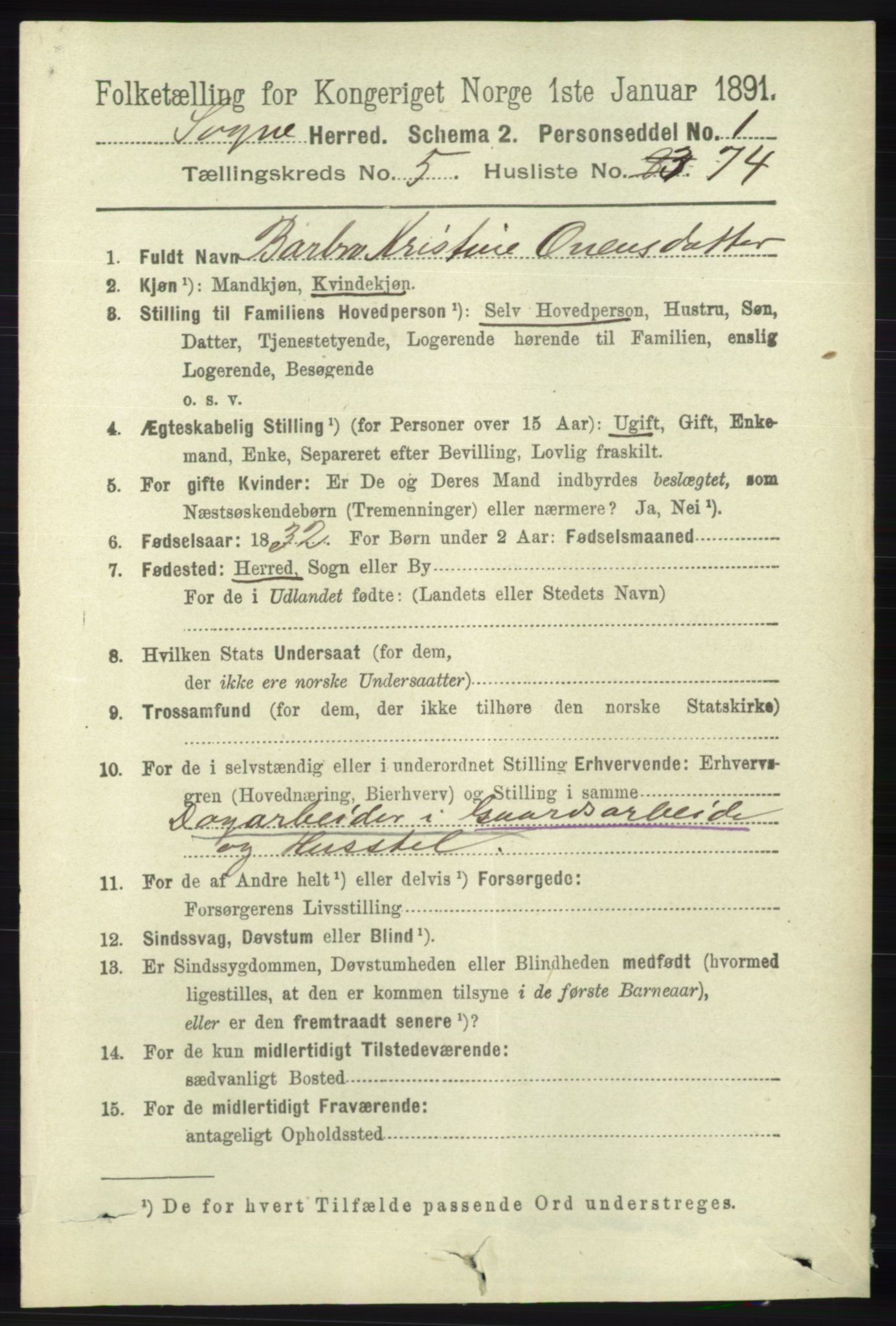 RA, 1891 census for 1018 Søgne, 1891, p. 1353