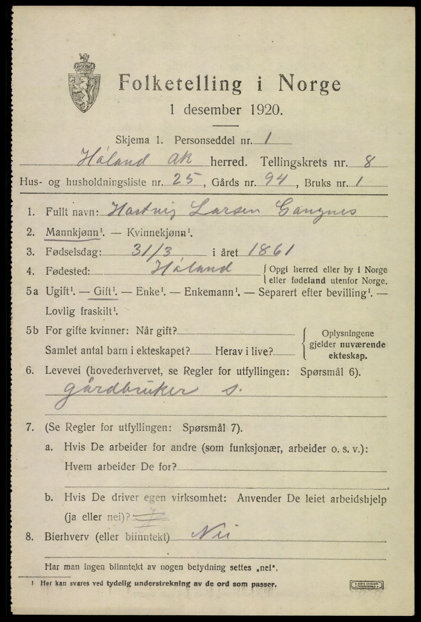 SAO, 1920 census for Høland, 1920, p. 9957