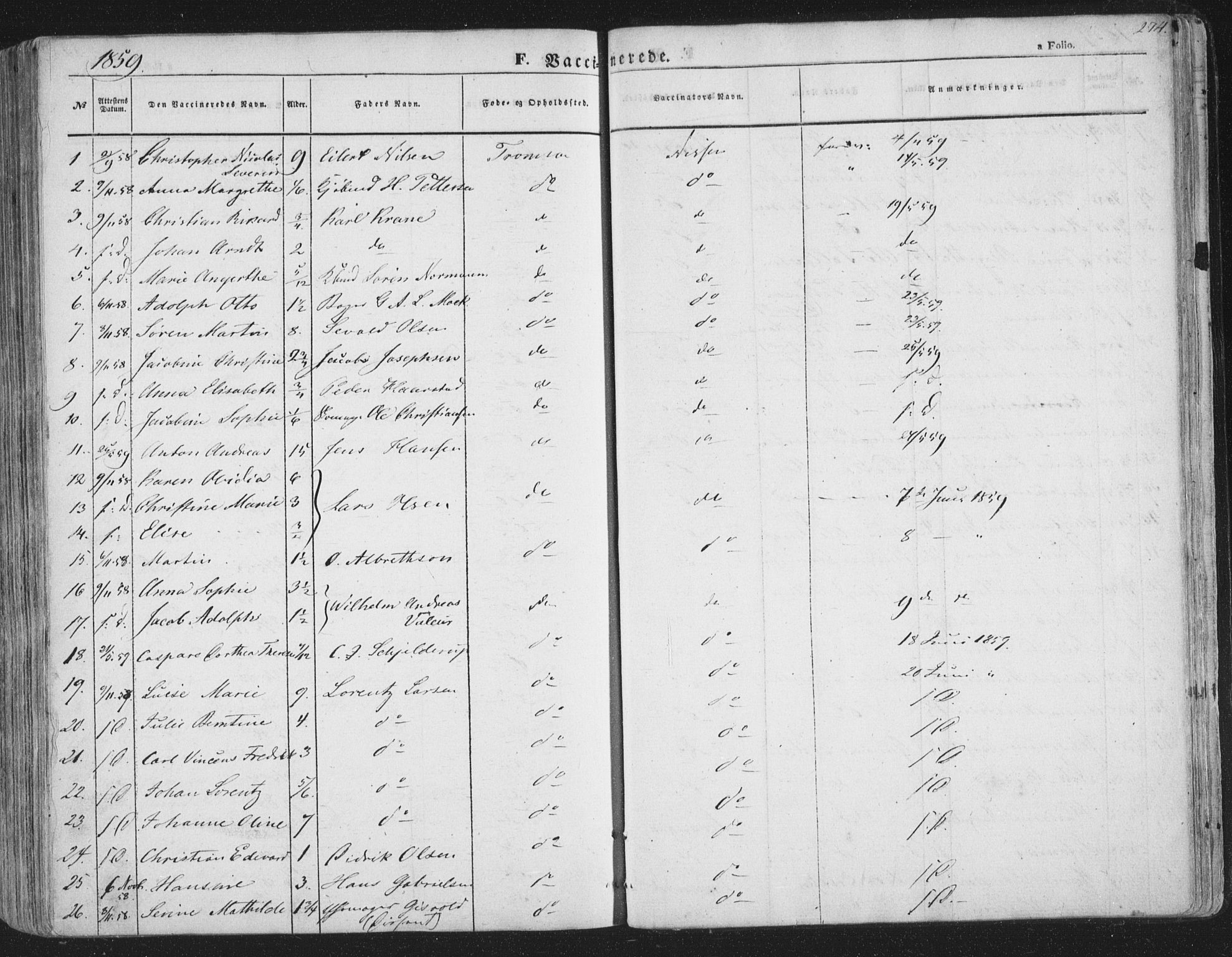 Tromsø sokneprestkontor/stiftsprosti/domprosti, AV/SATØ-S-1343/G/Ga/L0011kirke: Parish register (official) no. 11, 1856-1865, p. 274