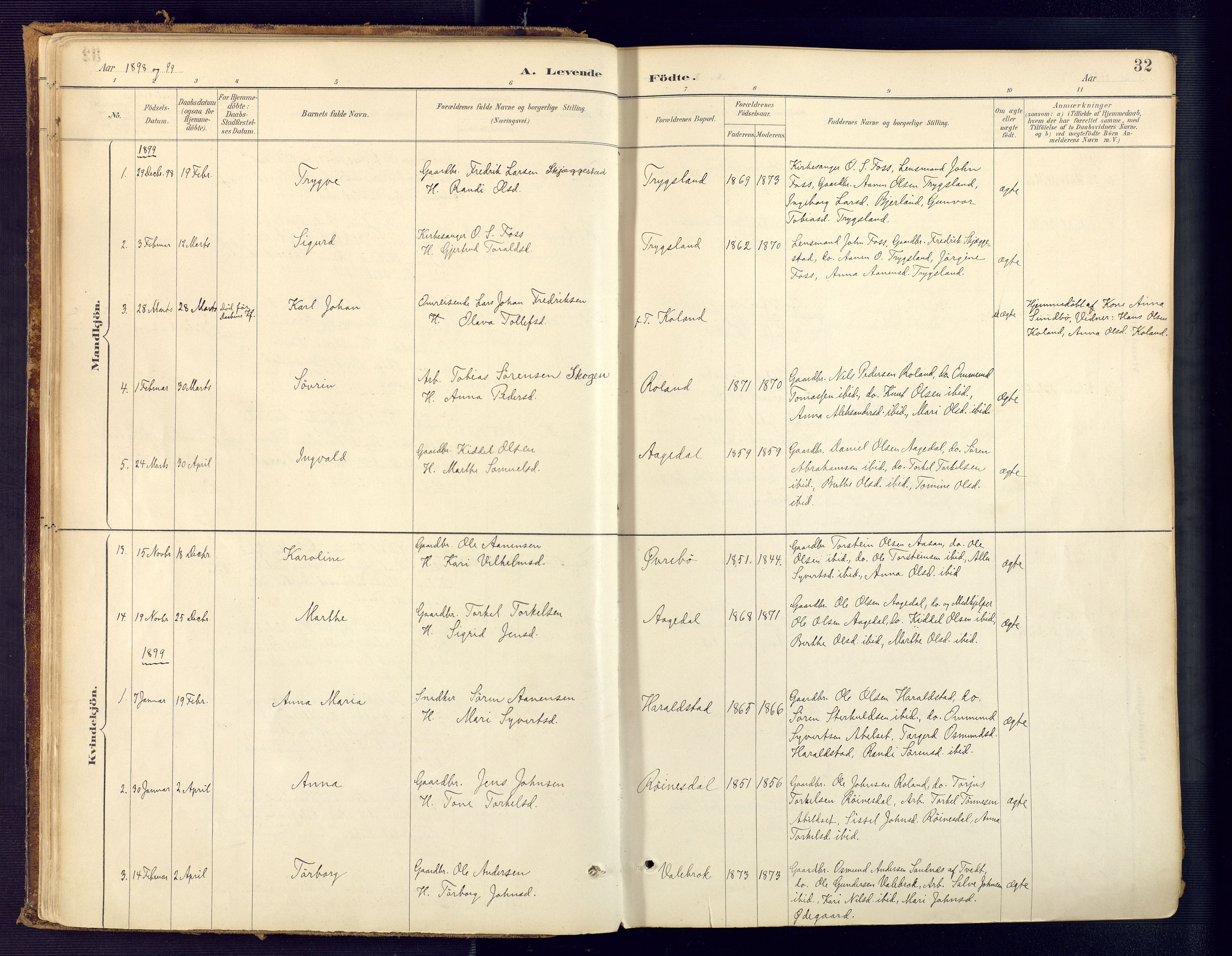 Bjelland sokneprestkontor, SAK/1111-0005/F/Fa/Faa/L0004: Parish register (official) no. A 4, 1887-1923, p. 32