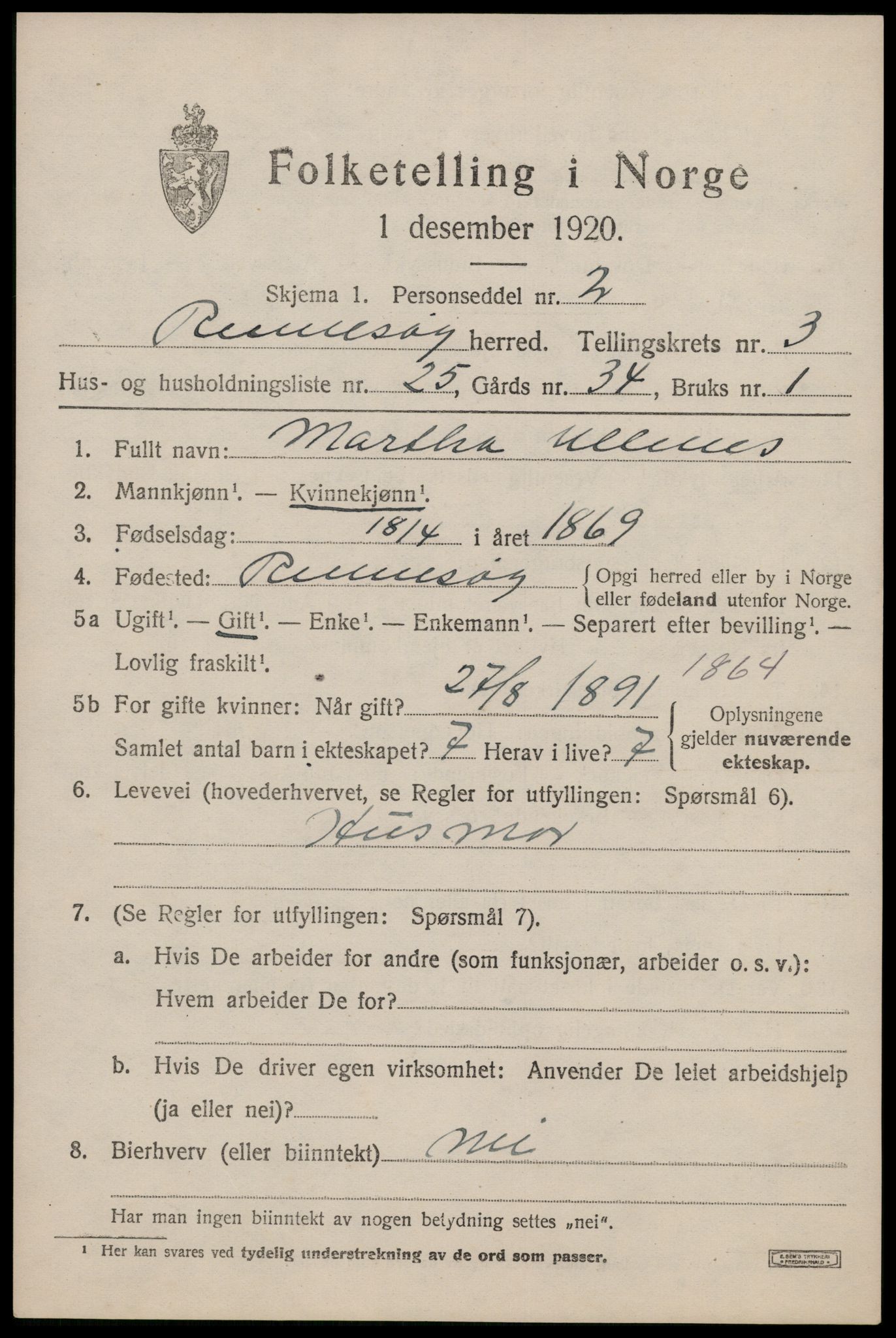 SAST, 1920 census for Rennesøy, 1920, p. 2244