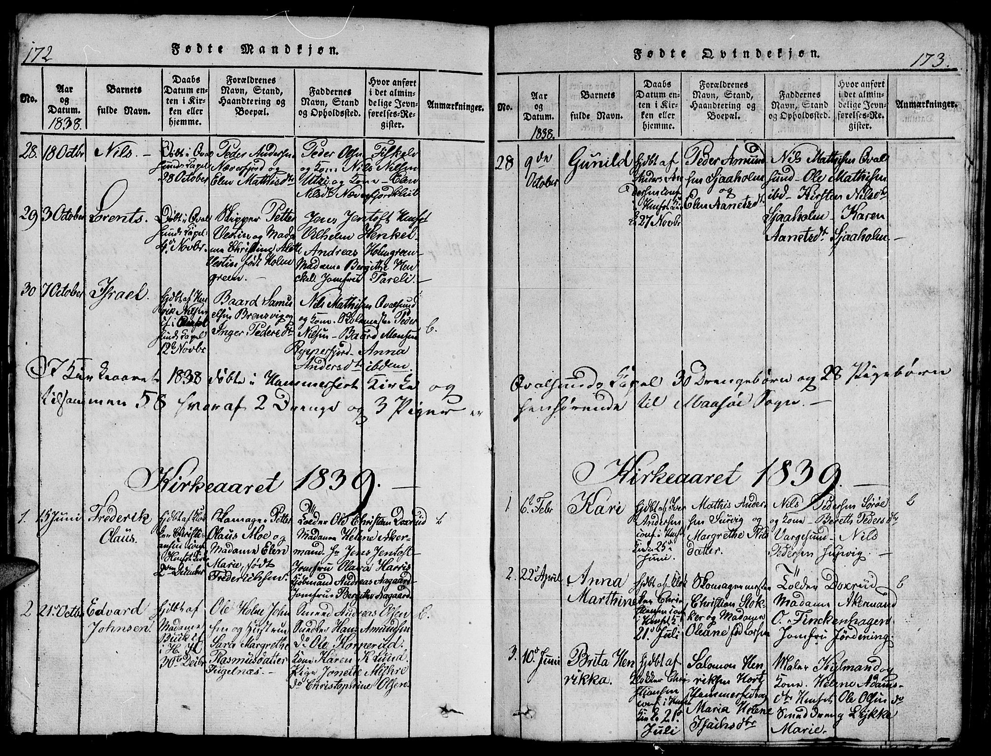 Hammerfest sokneprestkontor, AV/SATØ-S-1347/H/Hb/L0001.klokk: Parish register (copy) no. 1, 1822-1850, p. 172-173