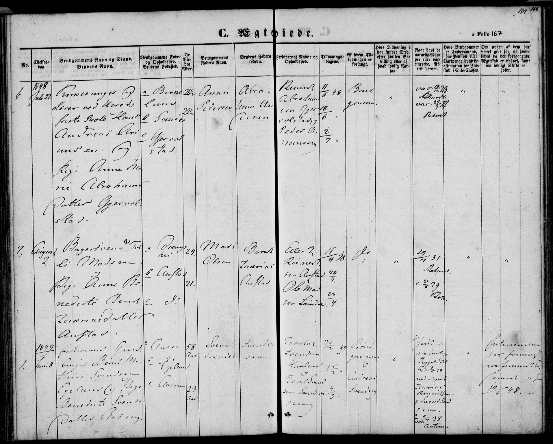 Herad sokneprestkontor, AV/SAK-1111-0018/F/Fa/Faa/L0004: Parish register (official) no. A 4, 1844-1853, p. 167