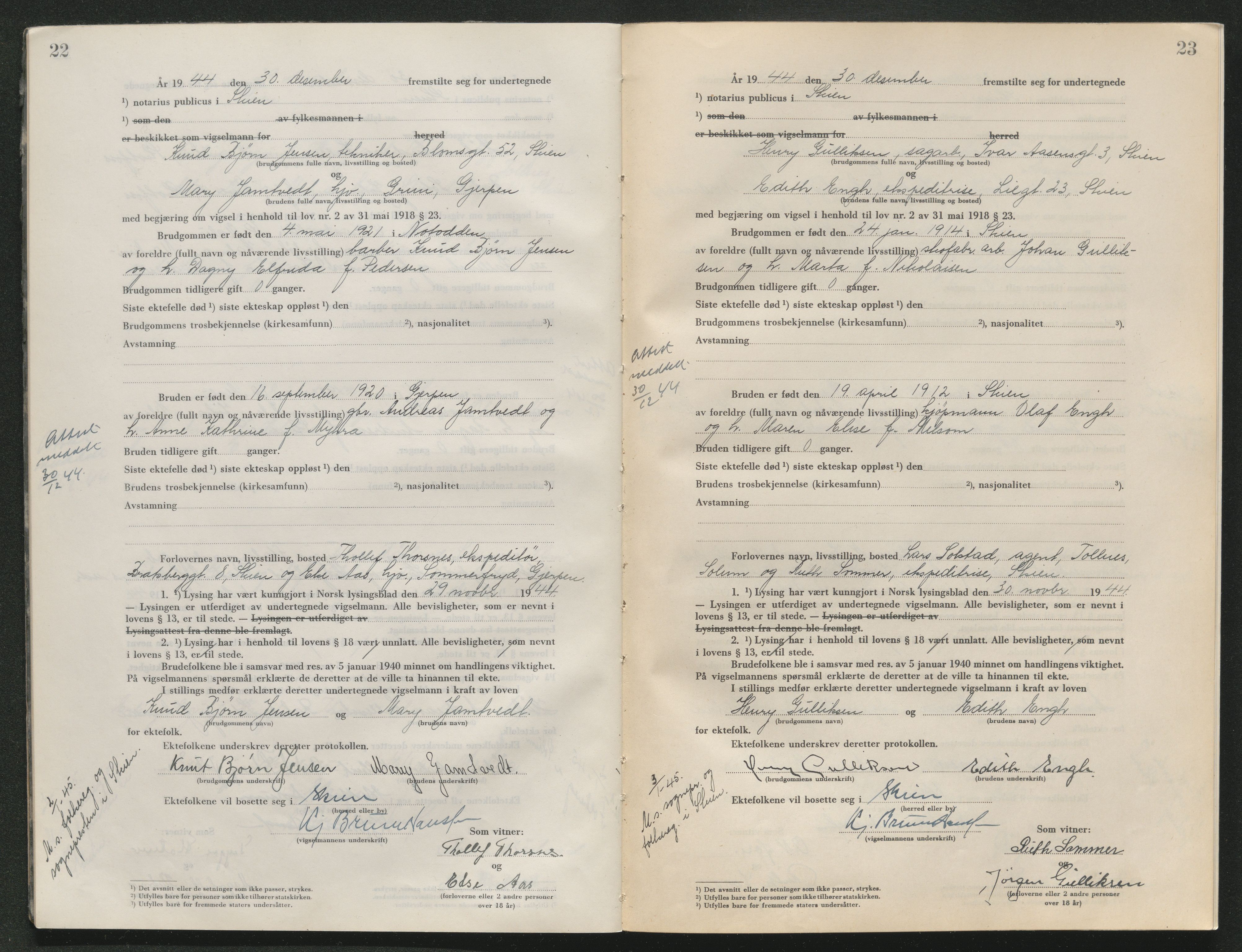 Skien sorenskriveri, AV/SAKO-A-225/L/La/L0001: Vigselsprotokoll, 1920-1947, p. 22-23