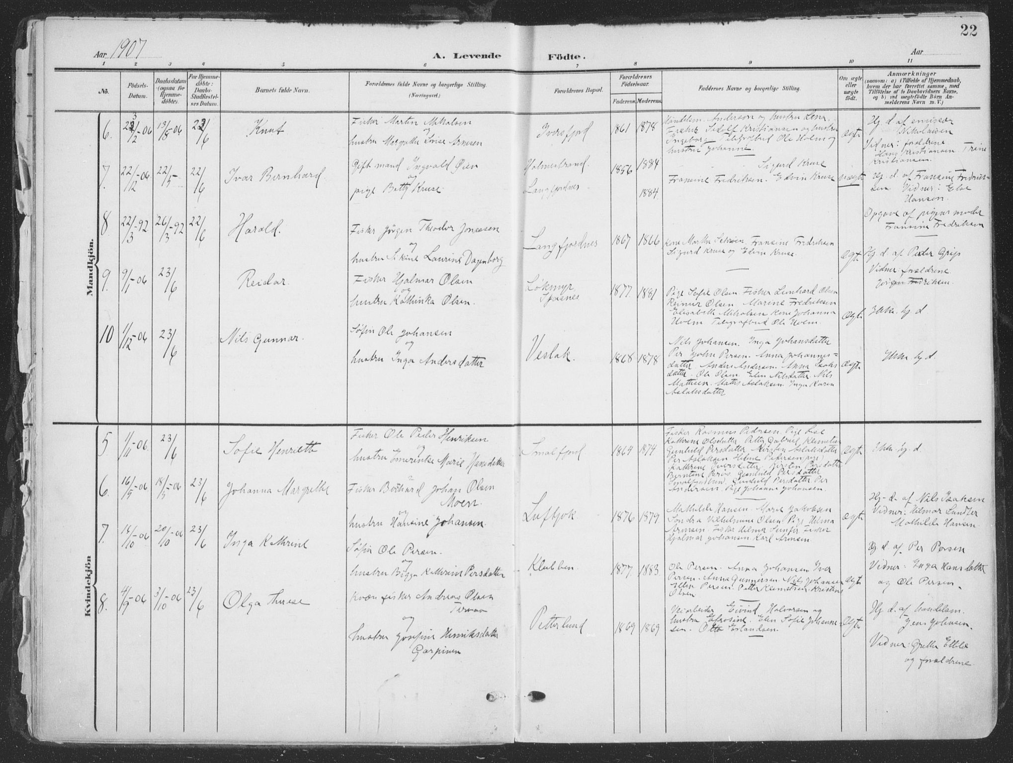 Tana sokneprestkontor, AV/SATØ-S-1334/H/Ha/L0007kirke: Parish register (official) no. 7, 1904-1918, p. 22