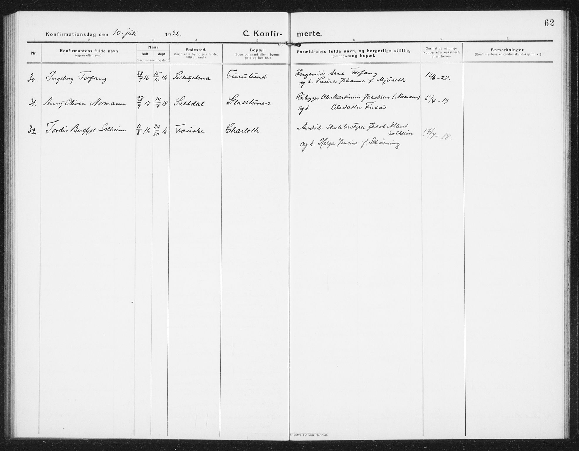 Ministerialprotokoller, klokkerbøker og fødselsregistre - Nordland, SAT/A-1459/850/L0717: Parish register (copy) no. 850C01, 1915-1941, p. 62