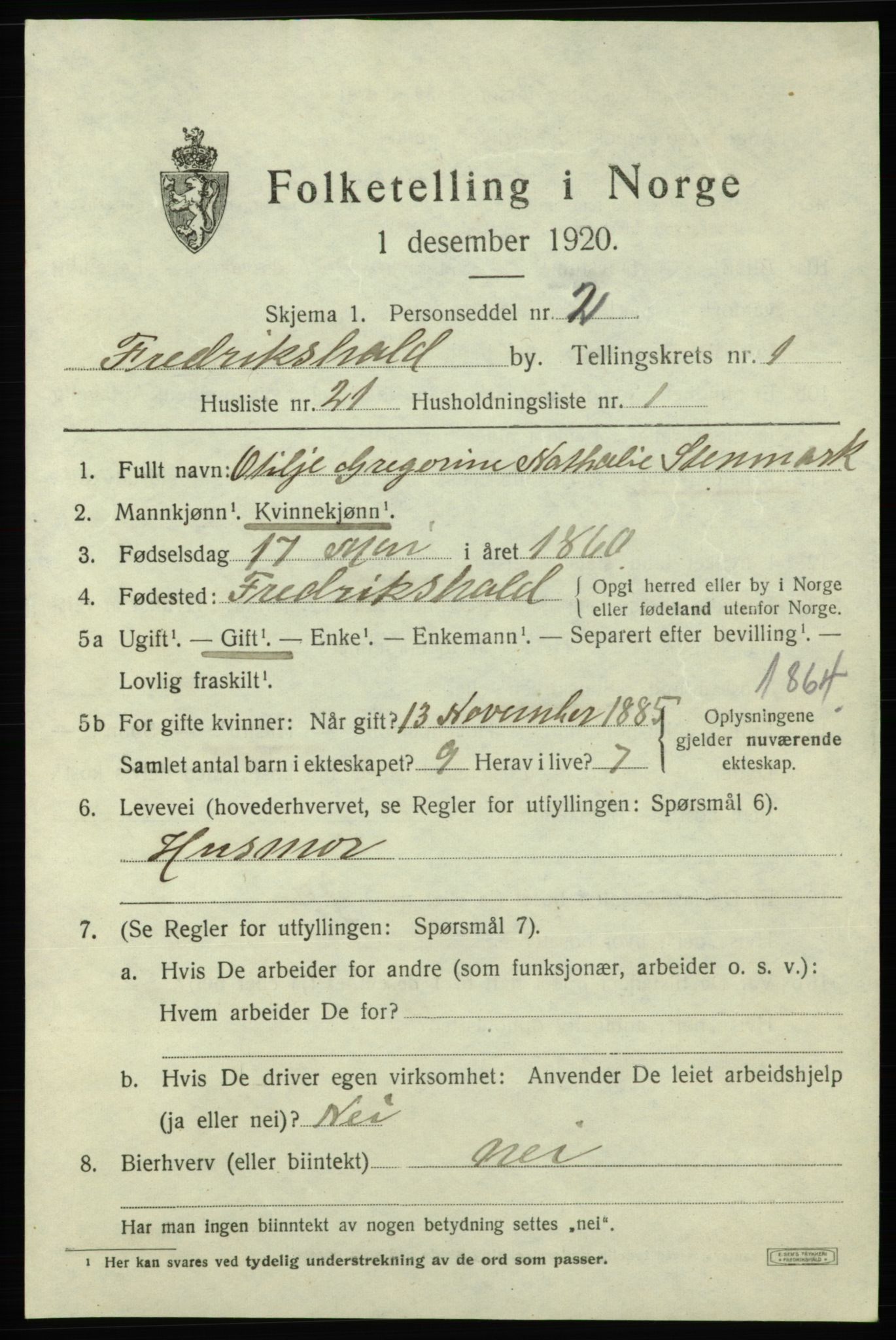 SAO, 1920 census for Fredrikshald, 1920, p. 8396