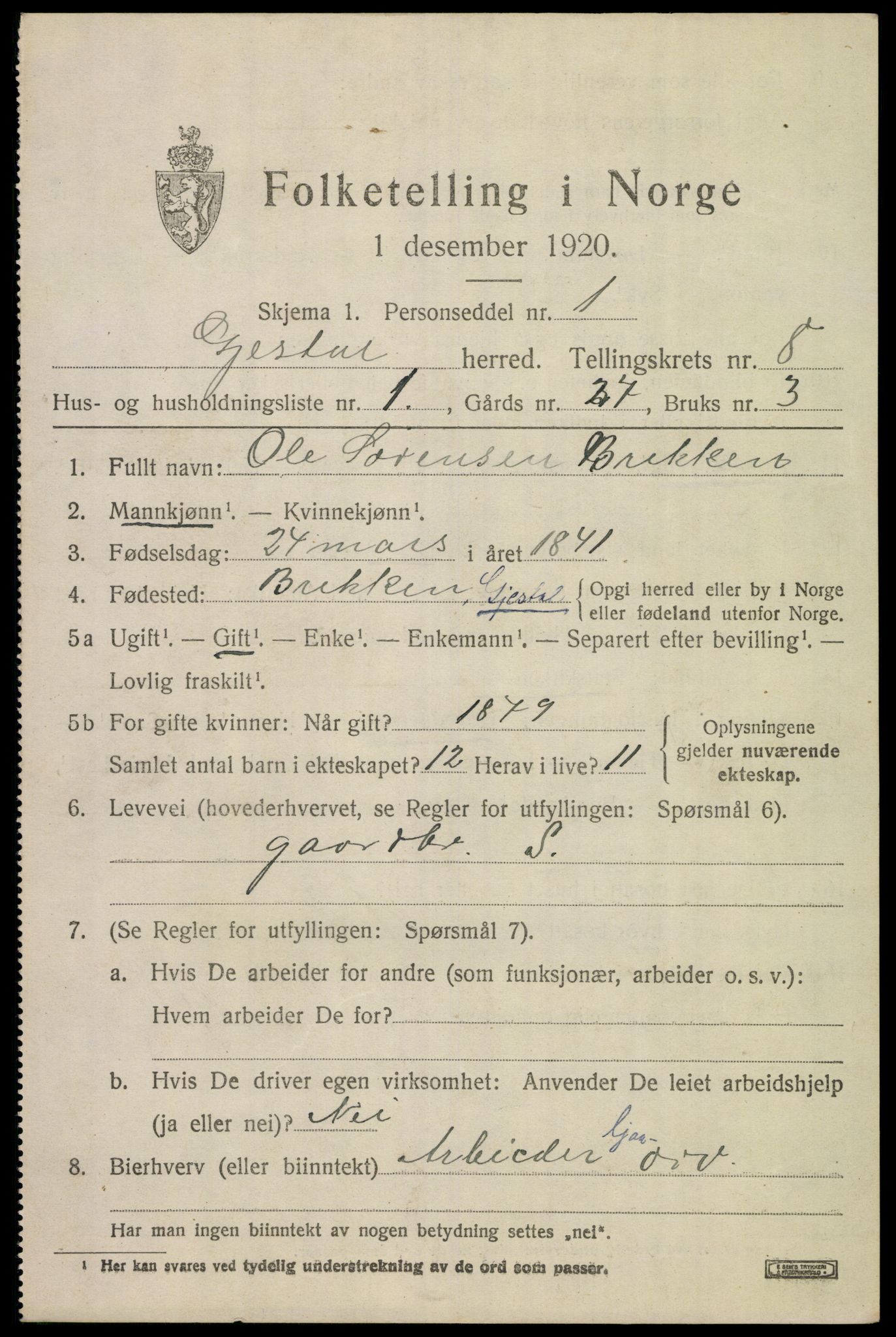 SAST, 1920 census for Gjesdal, 1920, p. 3760